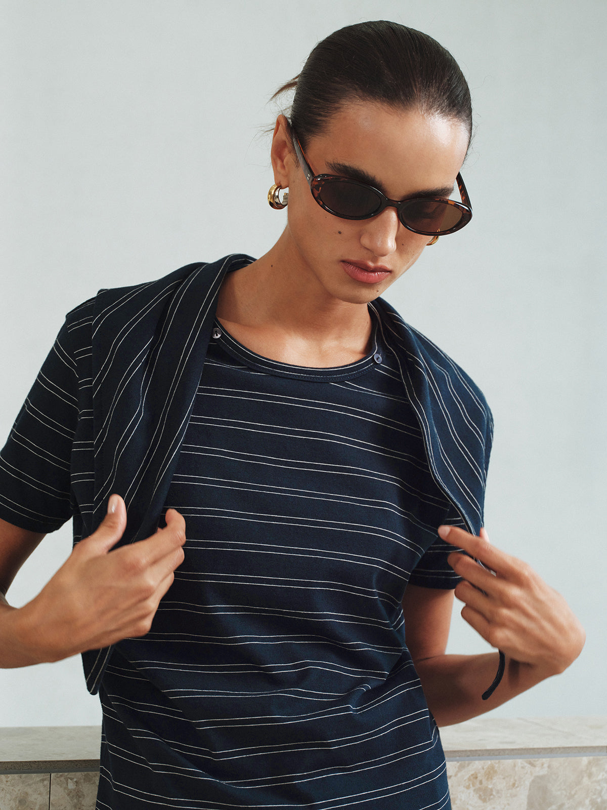 Striped Detachable Scarf Collar T-Shirt-Massicos