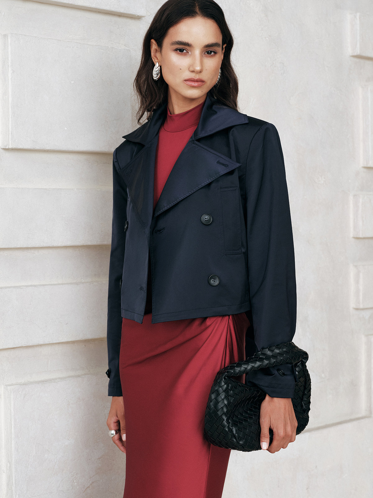 Belted Double-Breasted Cropped Trench Coat-Massicos