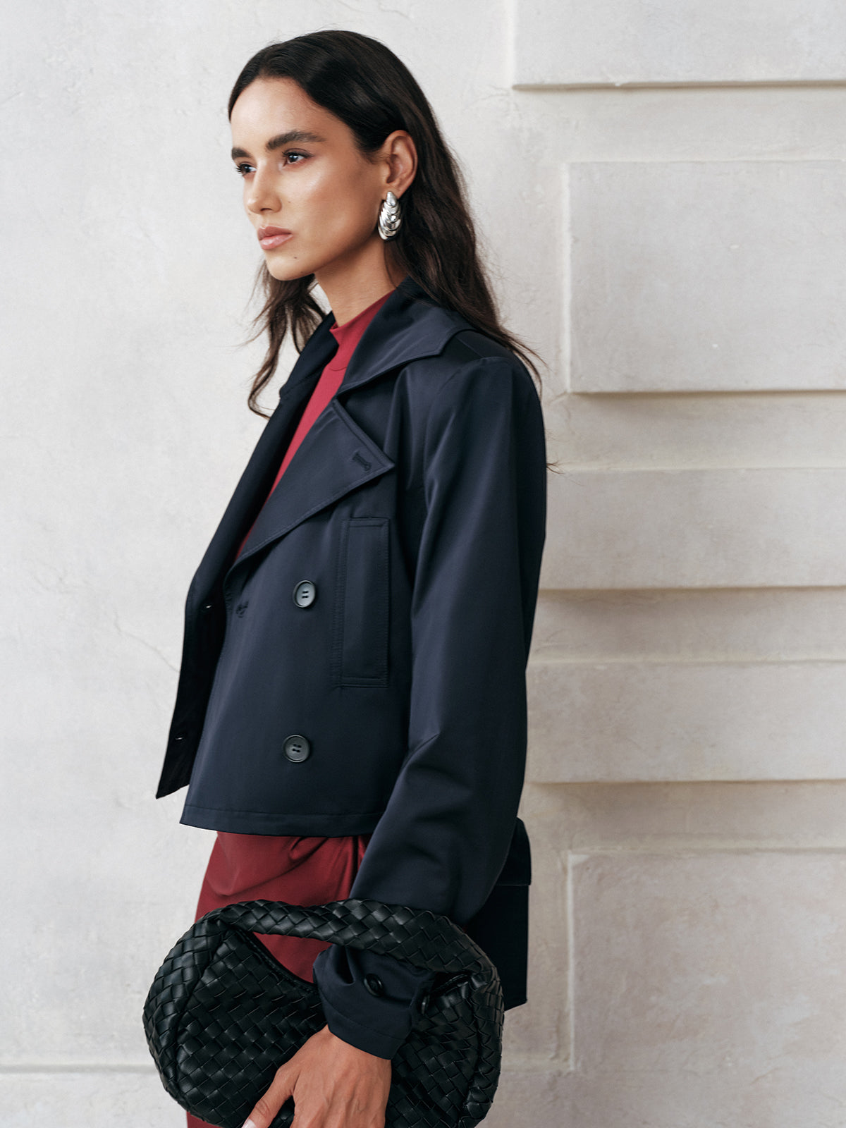 Belted Double-Breasted Cropped Trench Coat-Massicos