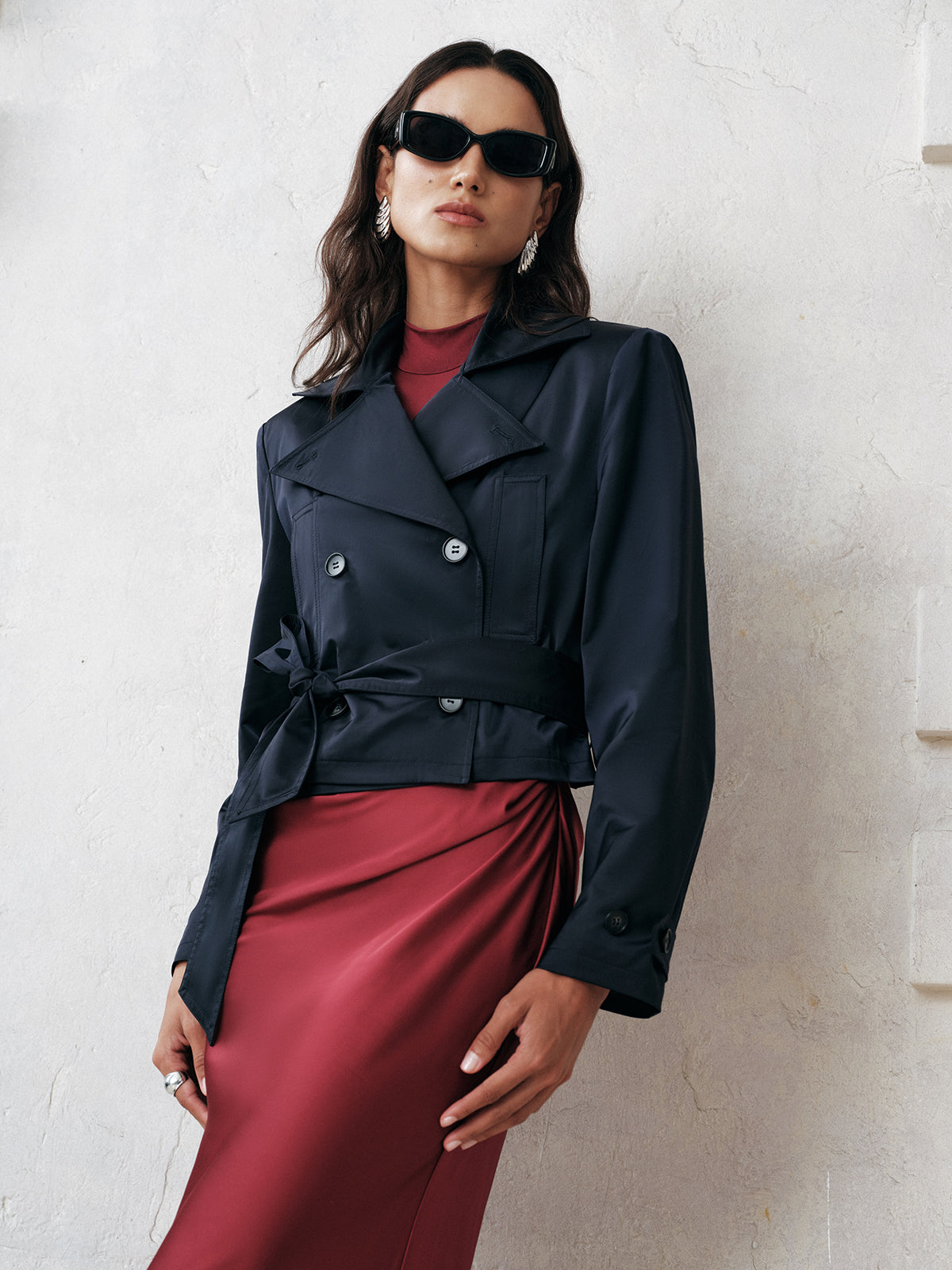 Belted Double-Breasted Cropped Trench Coat-Massicos