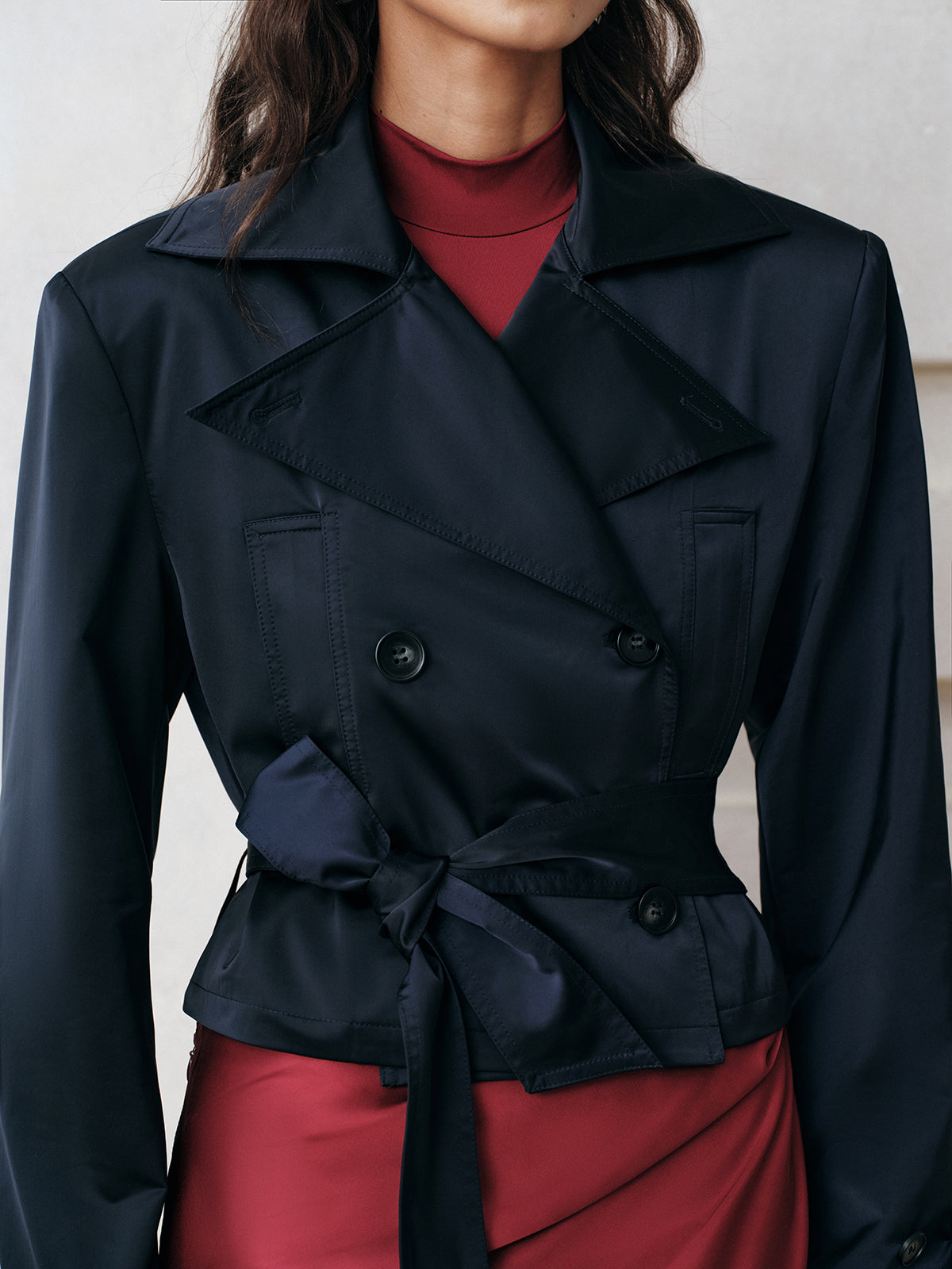 Belted Double-Breasted Cropped Trench Coat-Massicos