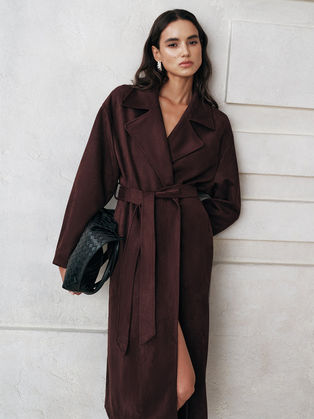 Suede Belted Long Trench Coat-Massicos