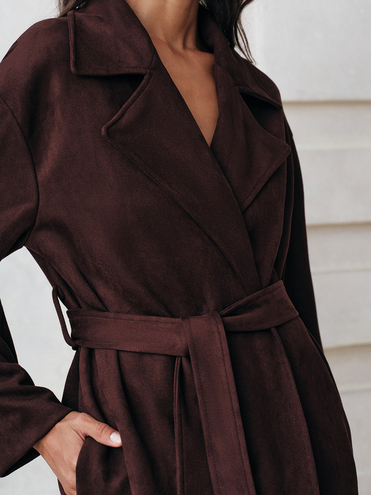 Suede Belted Long Trench Coat-Massicos