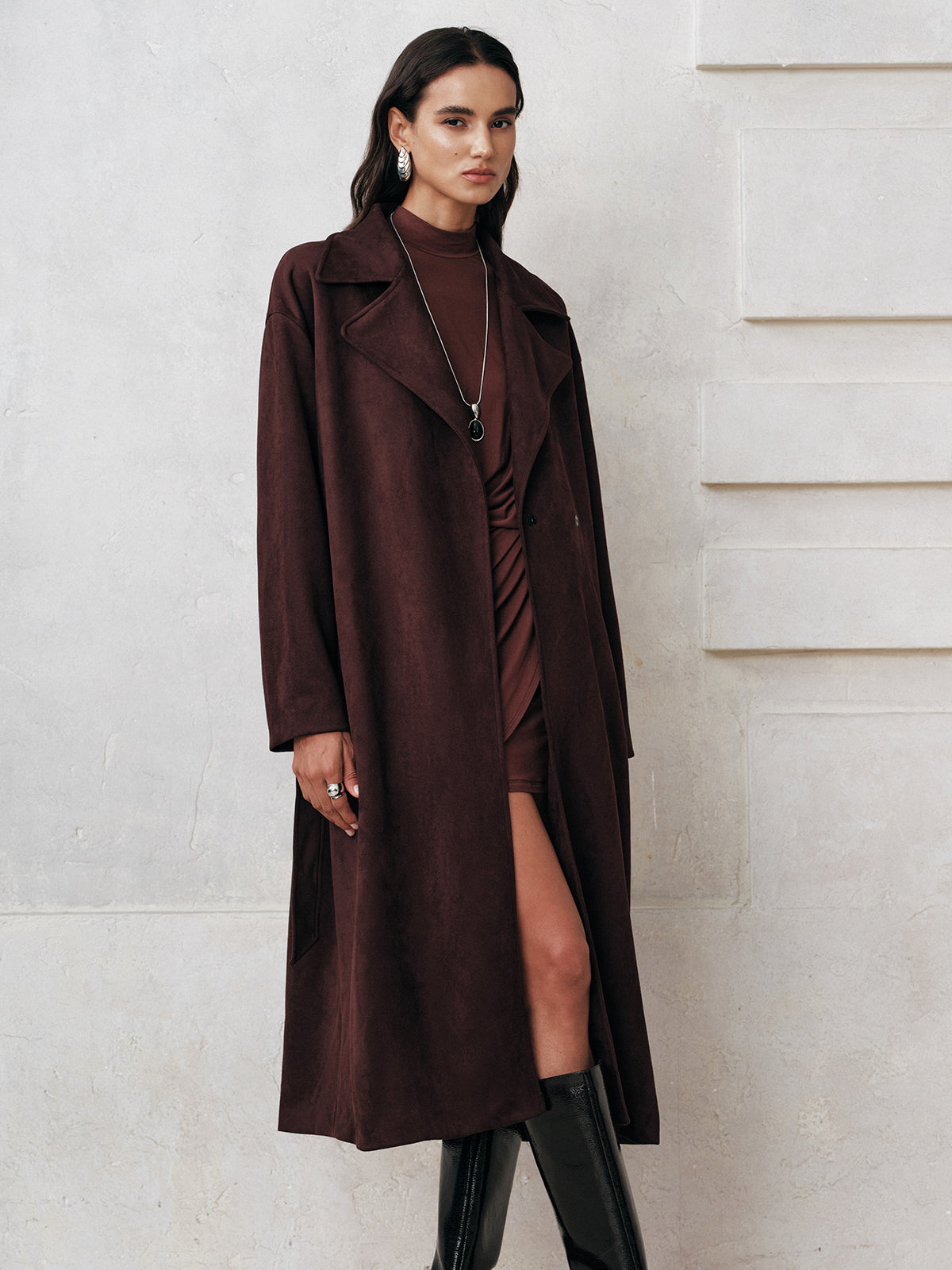 Suede Belted Long Trench Coat-Massicos