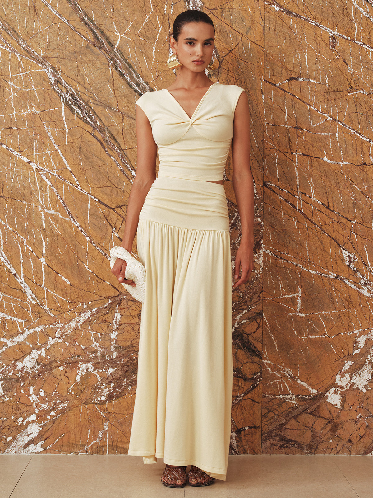 Ruched Crop Top and Maxi Skirt Set-Massicos