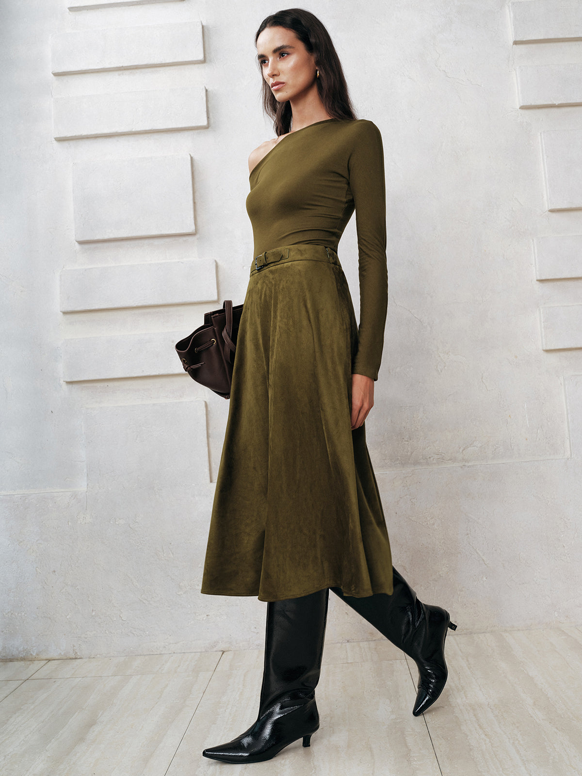 Suede A-Line Midi Skirt-Massicos