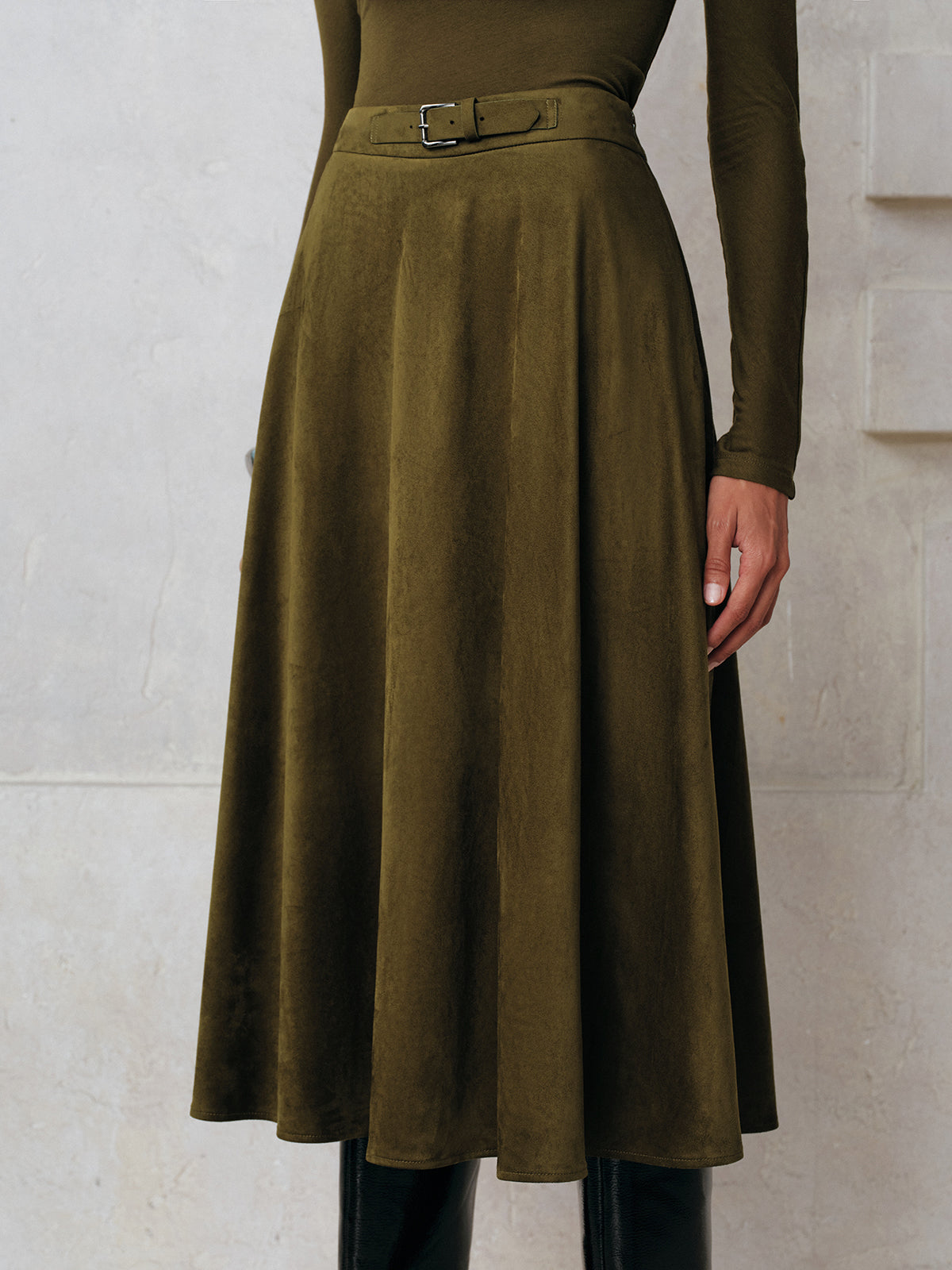 Suede A-Line Midi Skirt-Massicos