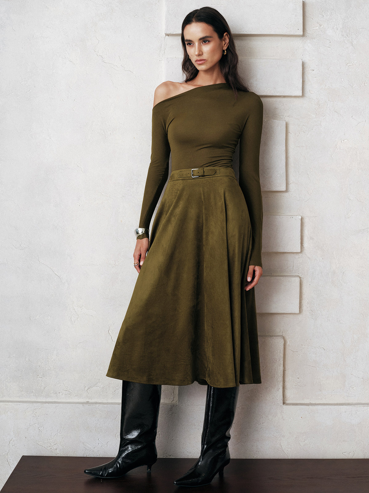 Suede A-Line Midi Skirt-Massicos