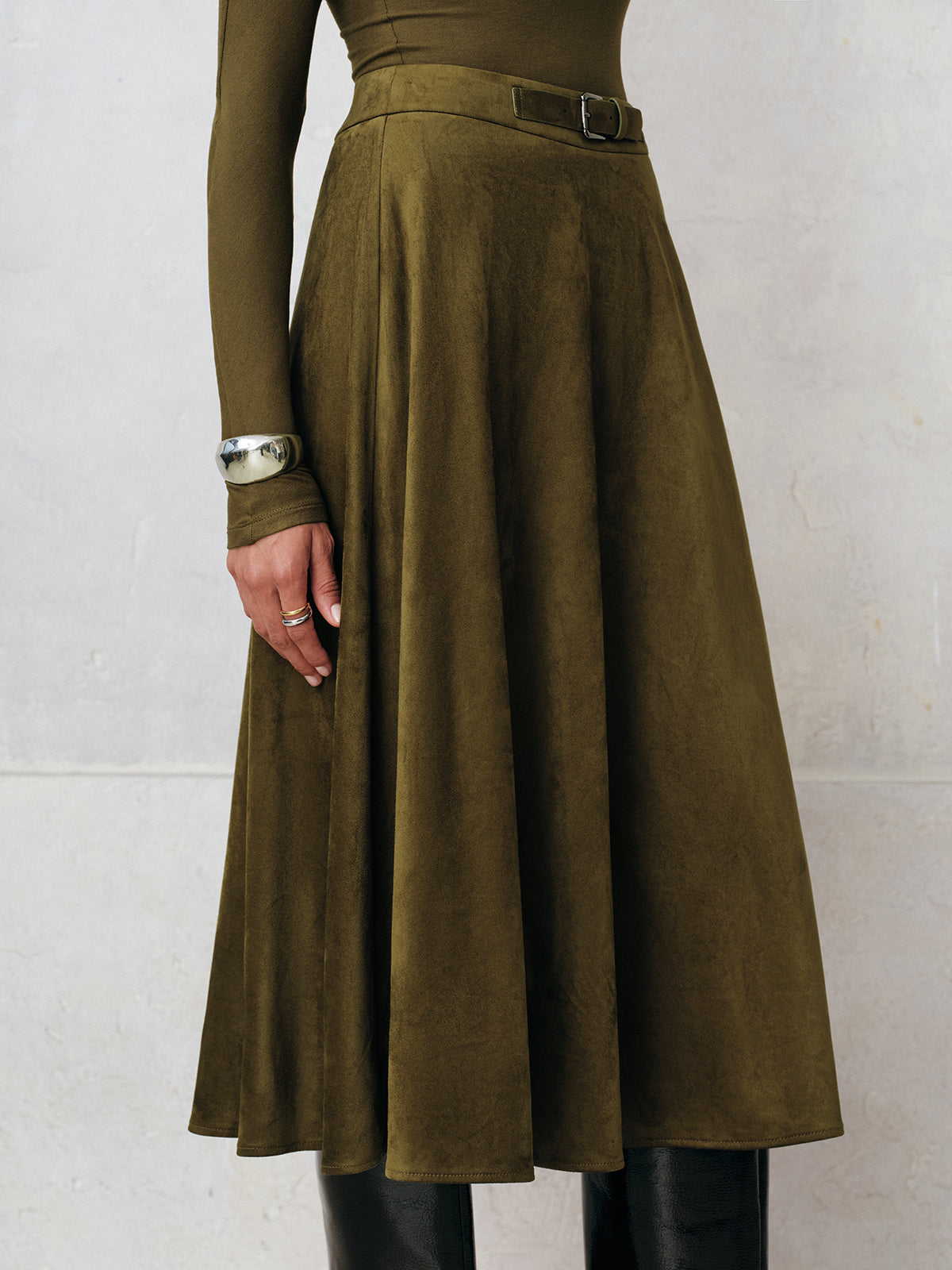 Suede A-Line Midi Skirt-Massicos