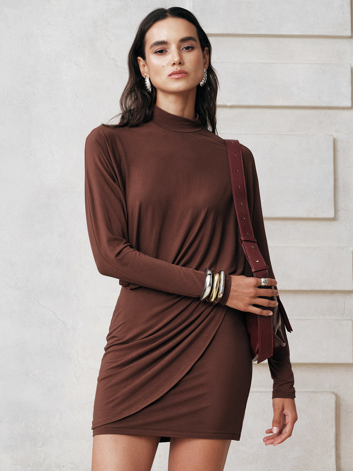 High-Neck Draped Batwing Sleeve Mini Dress-Massicos