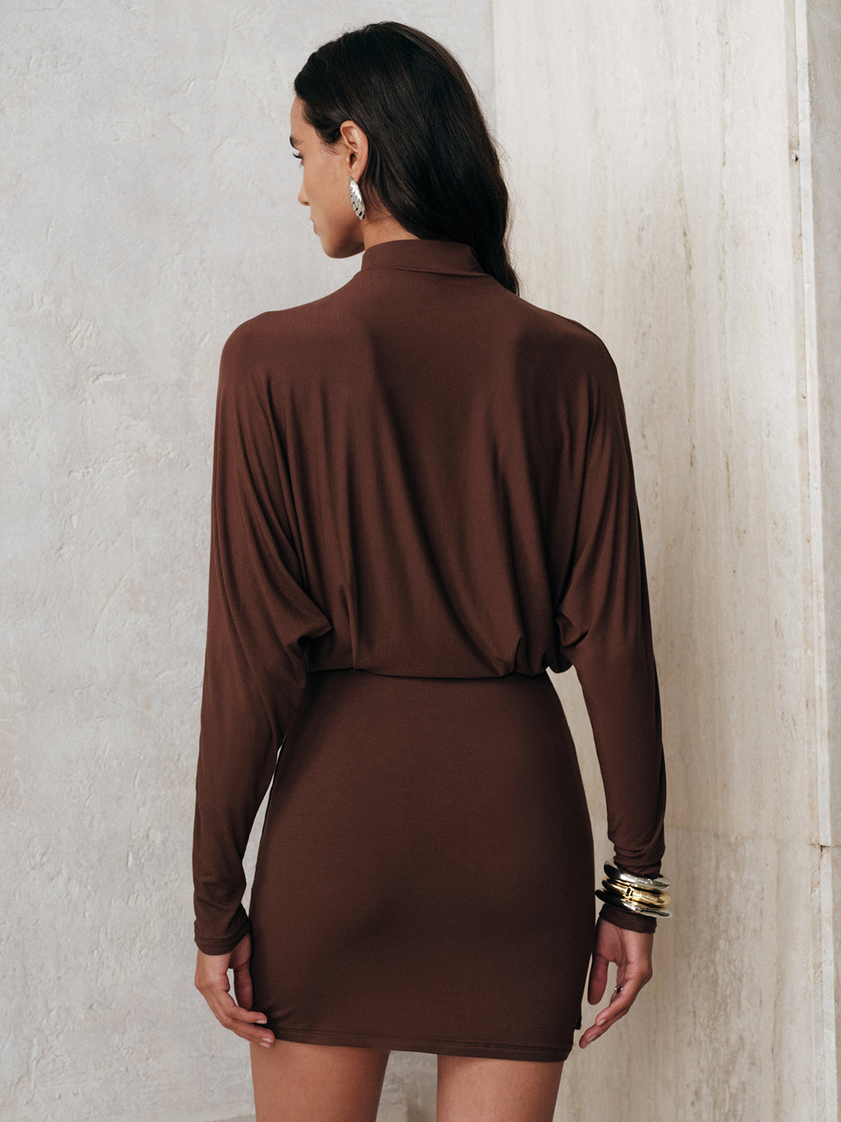 High-Neck Draped Batwing Sleeve Mini Dress-Massicos