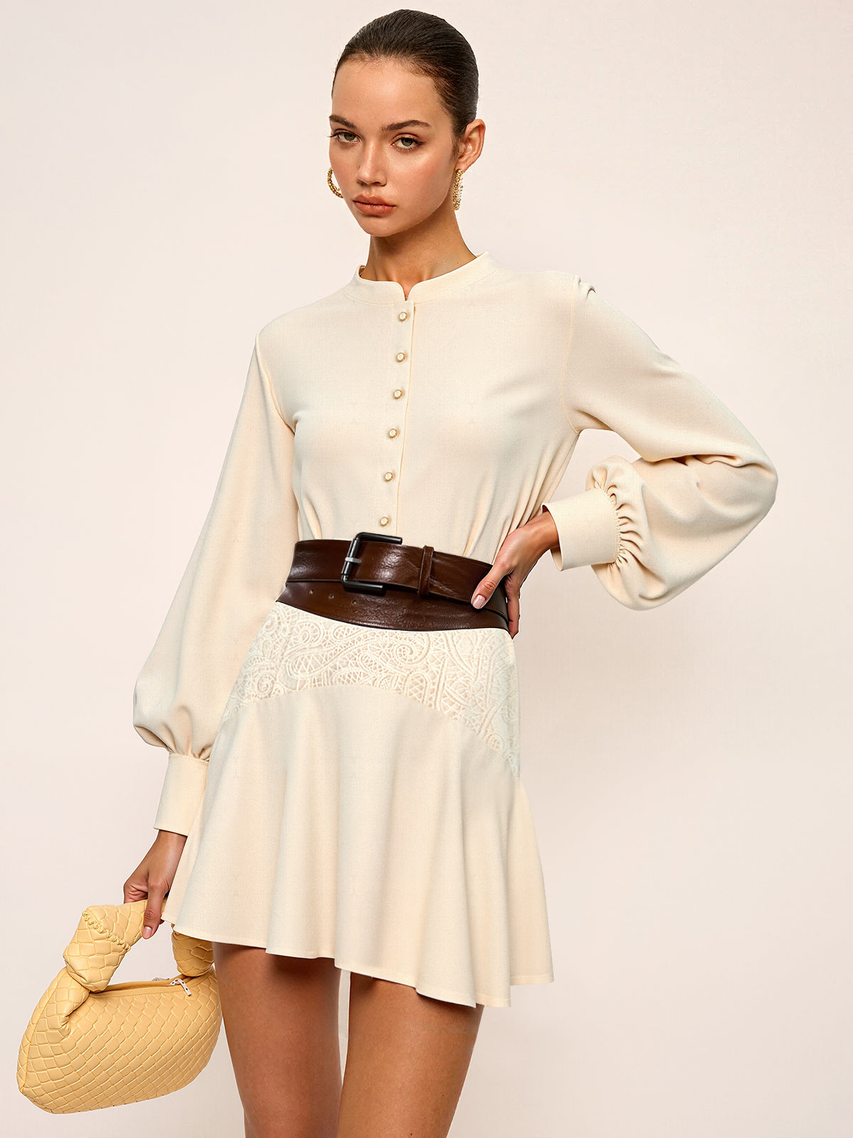 Stand Collar Button Lace Waist Dress-Massicos
