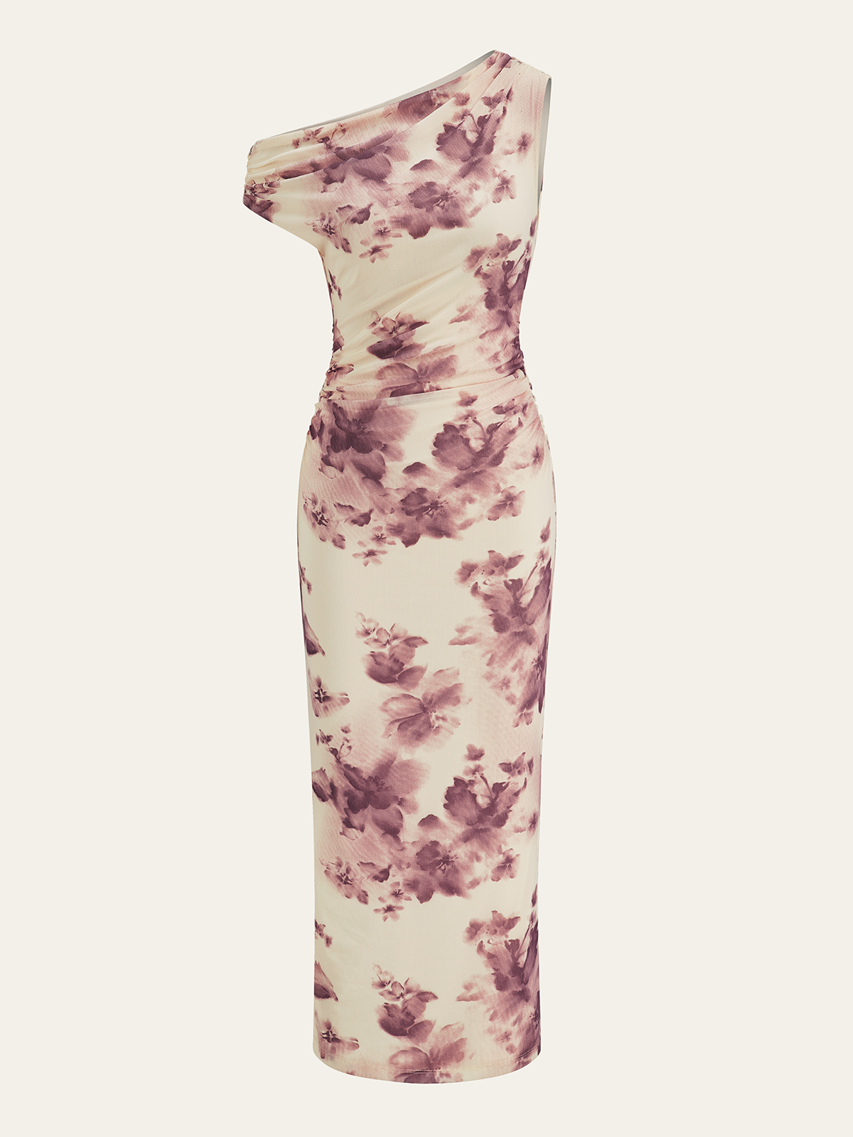 Semi-Sheer One-Shoulder Ruched Floral Print Midi Dress-Massicos