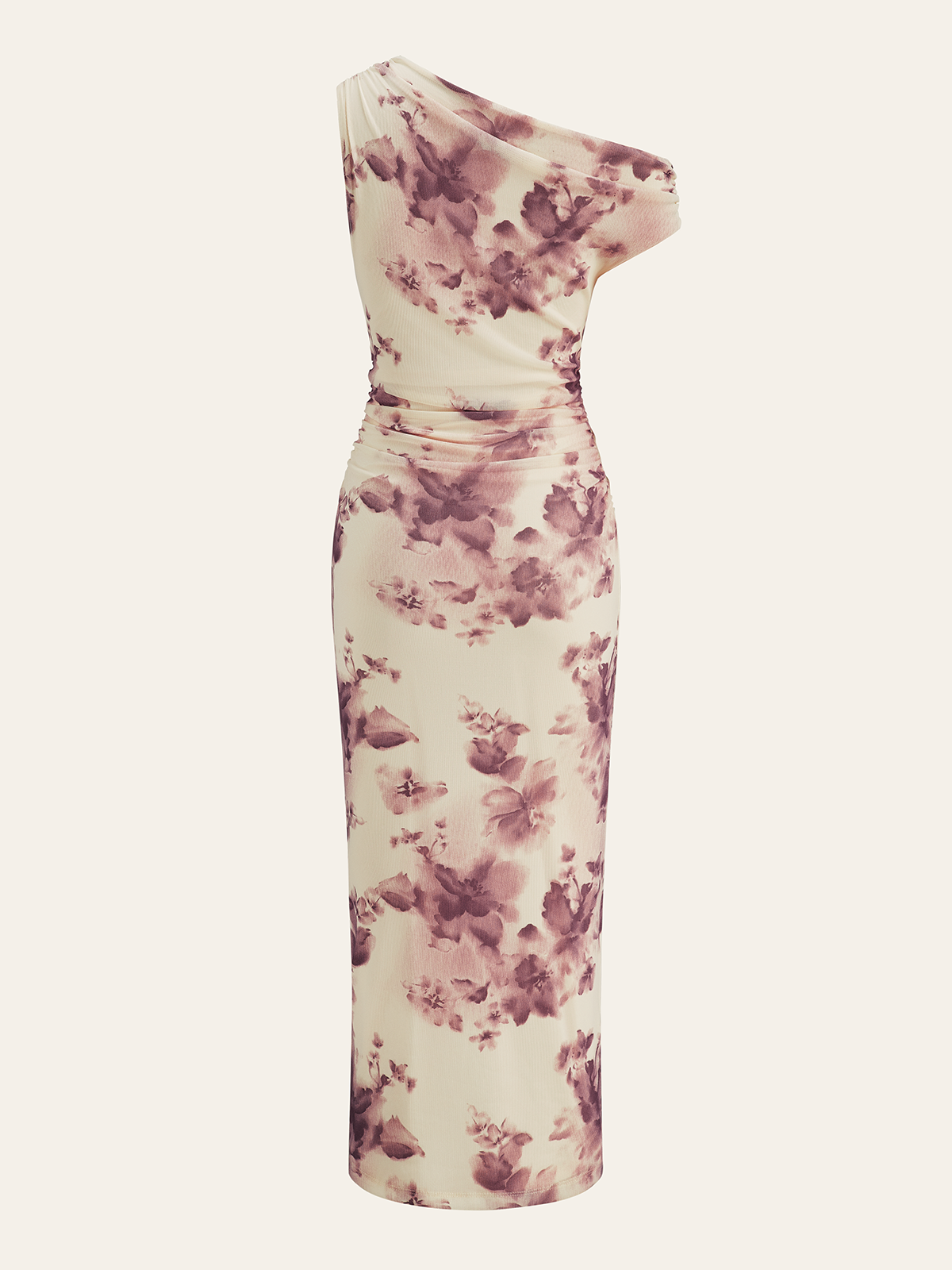 Semi-Sheer One-Shoulder Ruched Floral Print Midi Dress-Massicos