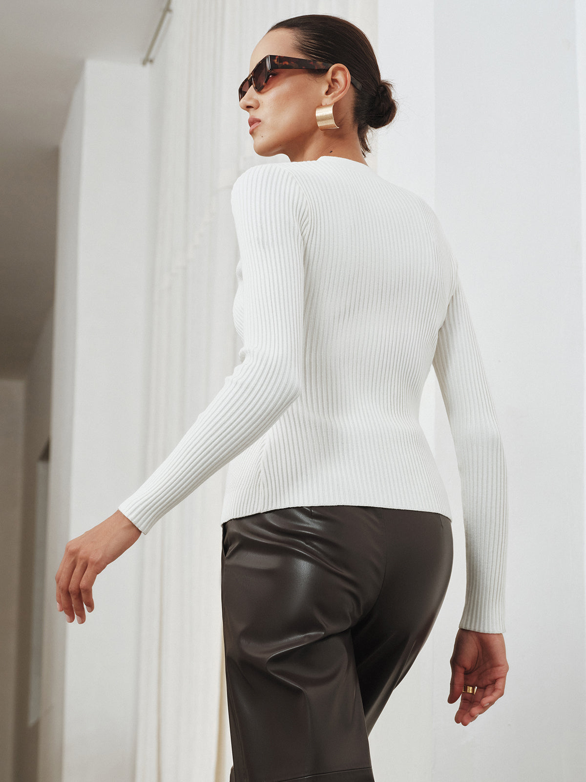 V-Neck Ribbed Knit Top-Massicos