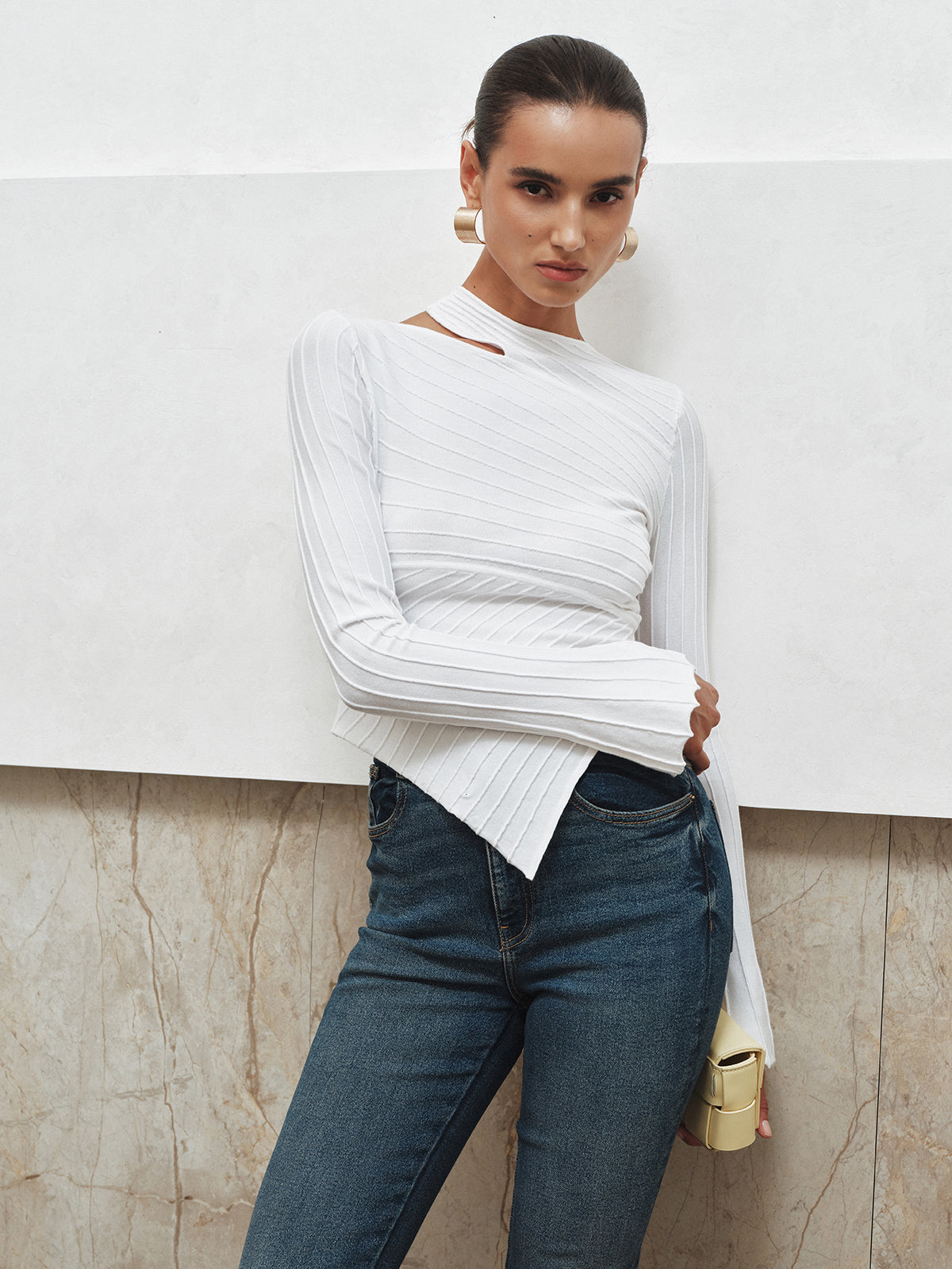 Asymmetric Cut-Out Textured Knit Top-Massicos