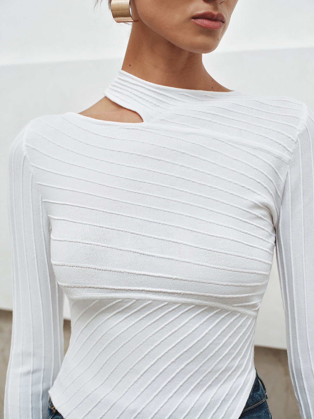 Asymmetric Cut-Out Textured Knit Top-Massicos
