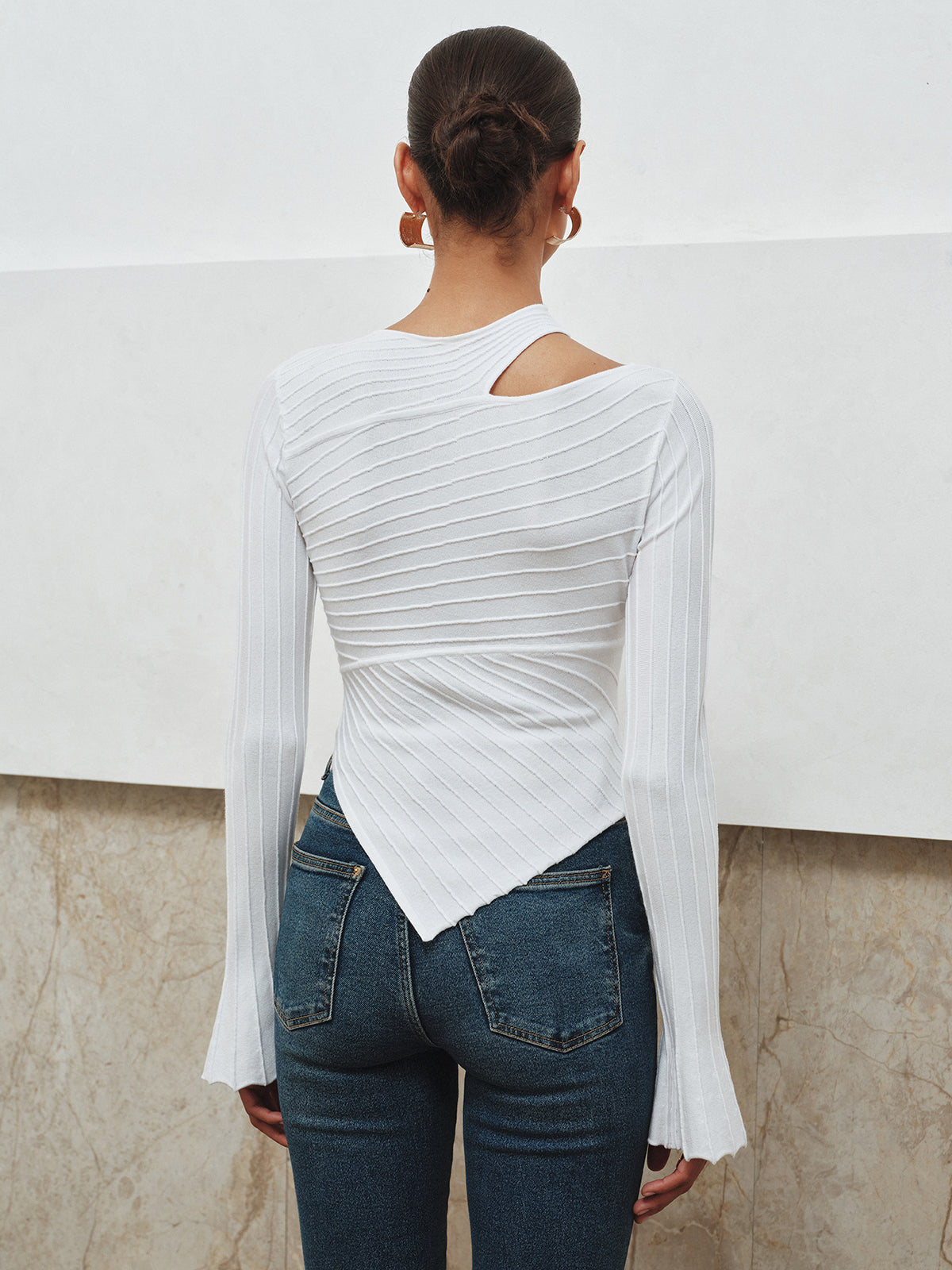 Asymmetric Cut-Out Textured Knit Top-Massicos