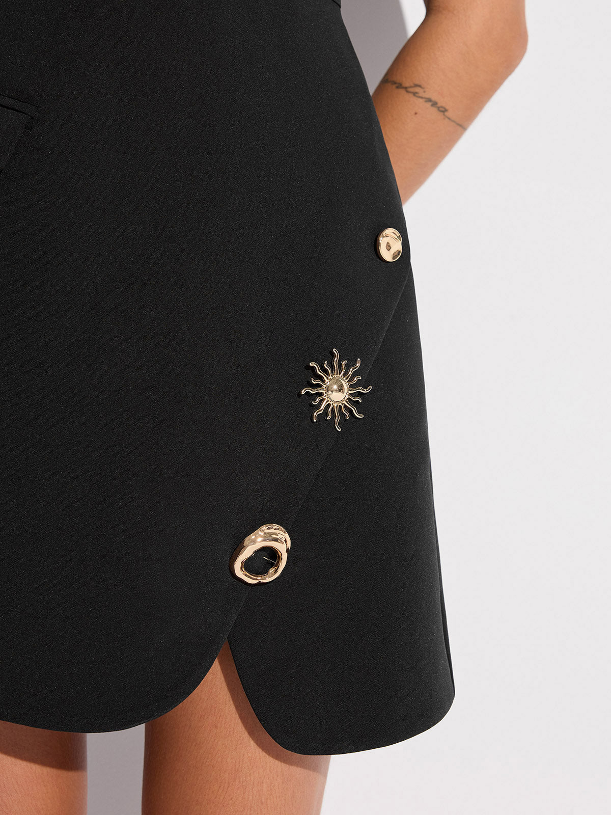 Sleeveless Fitted Asymmetric Metal Detail Mini Dress-Massicos