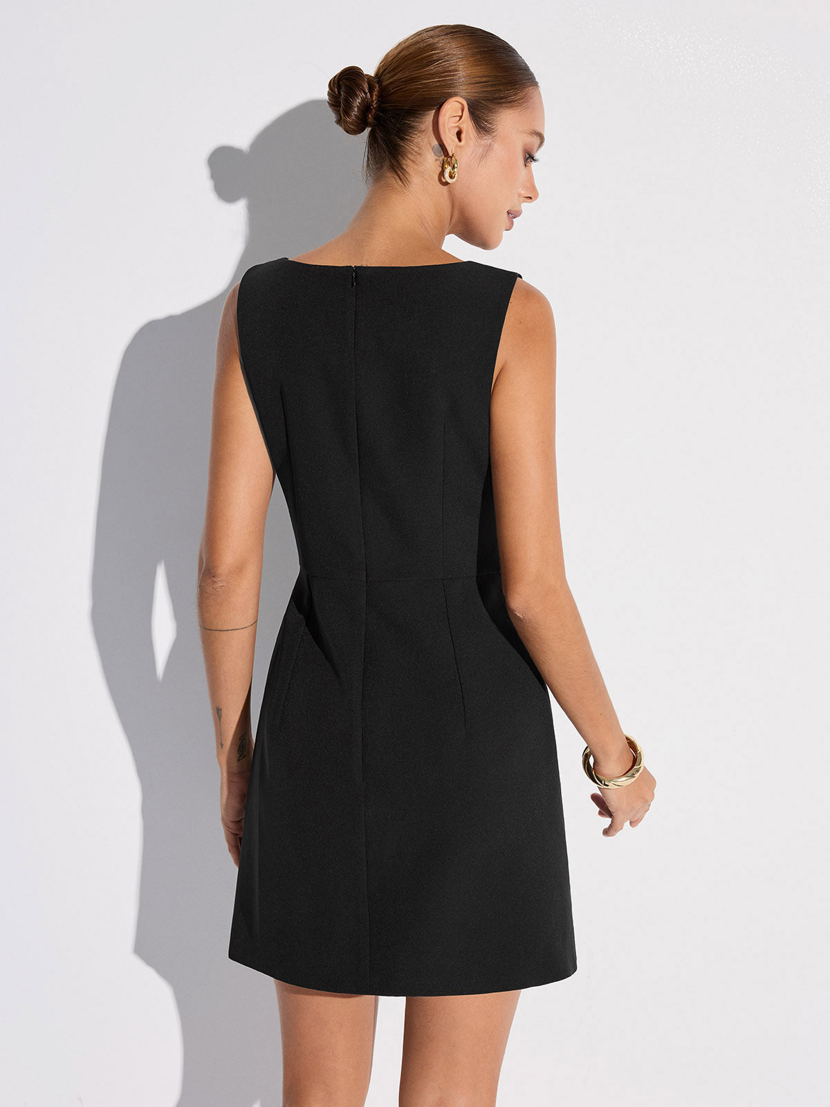 Sleeveless Fitted Asymmetric Metal Detail Mini Dress-Massicos