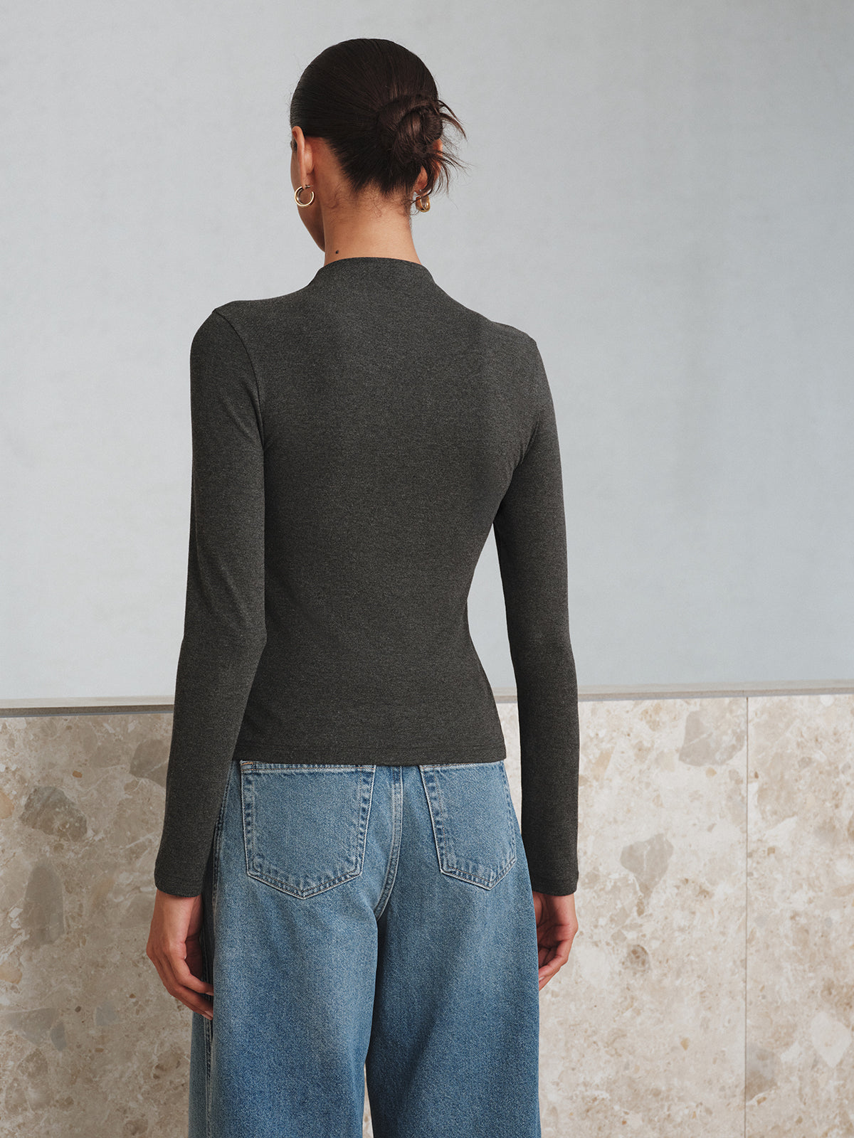 Mock Neck Button Long Sleeve T-Shirt-Massicos