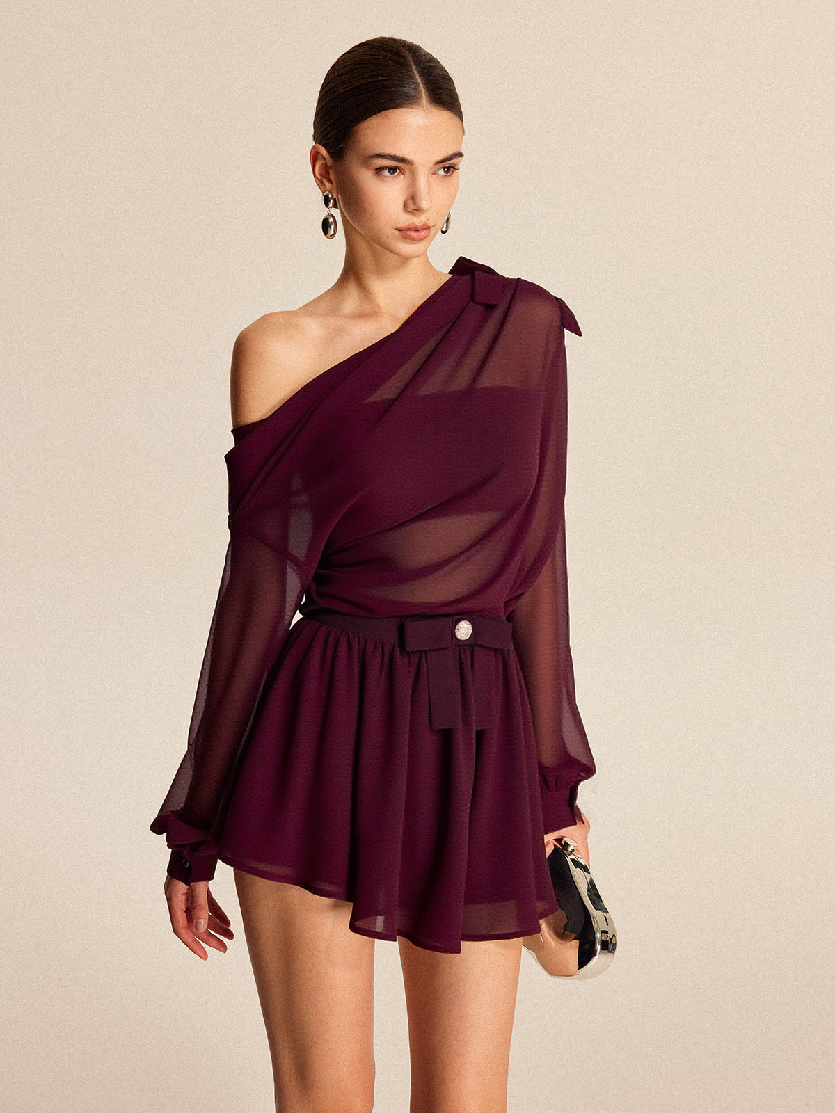 Semi-Sheer Chiffon One-Shoulder Bow Detail Skirt Set-Massicos