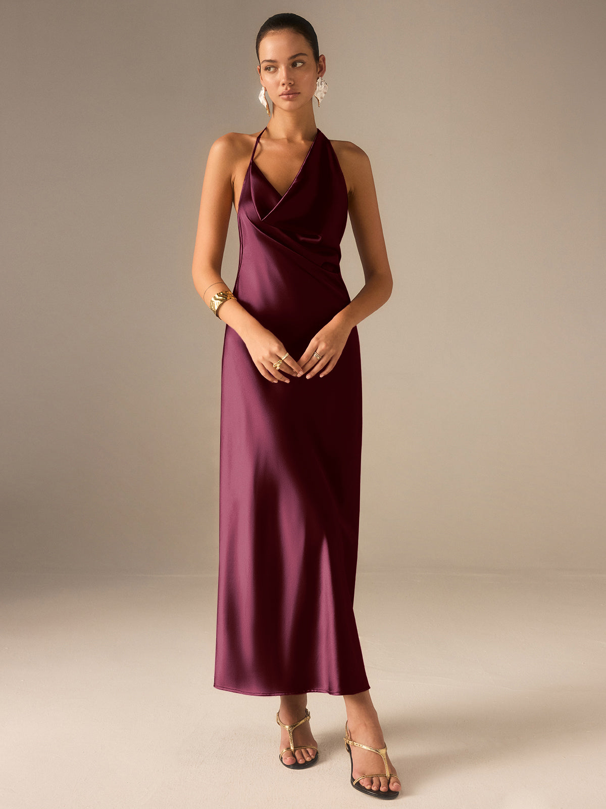 Satin Halter-Neck Backless Maxi Dress-Massicos