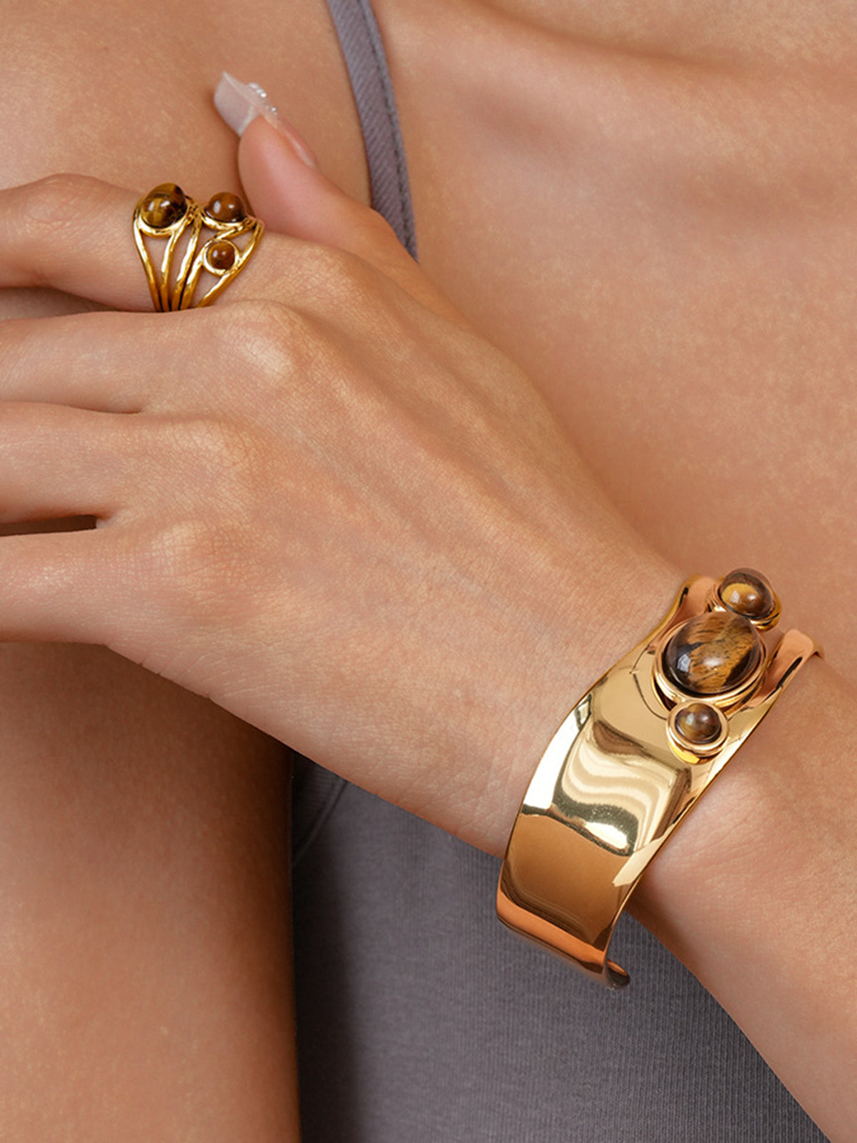 Tiger Eye Stone Titanium Steel Ring-Massicos