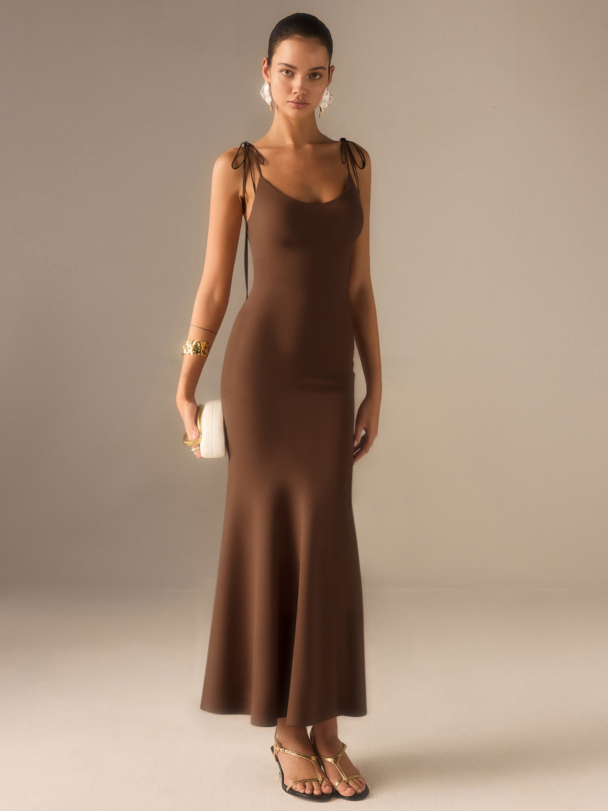 Satin Strappy Maxi Dress with Bow-Tied Back-Massicos