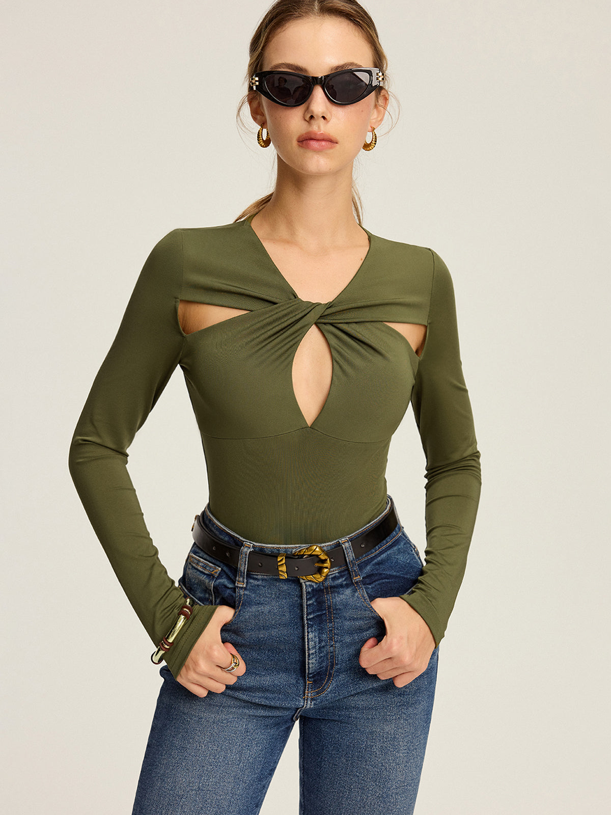 Cut-Out Twist Long Sleeve Blouse-Massicos