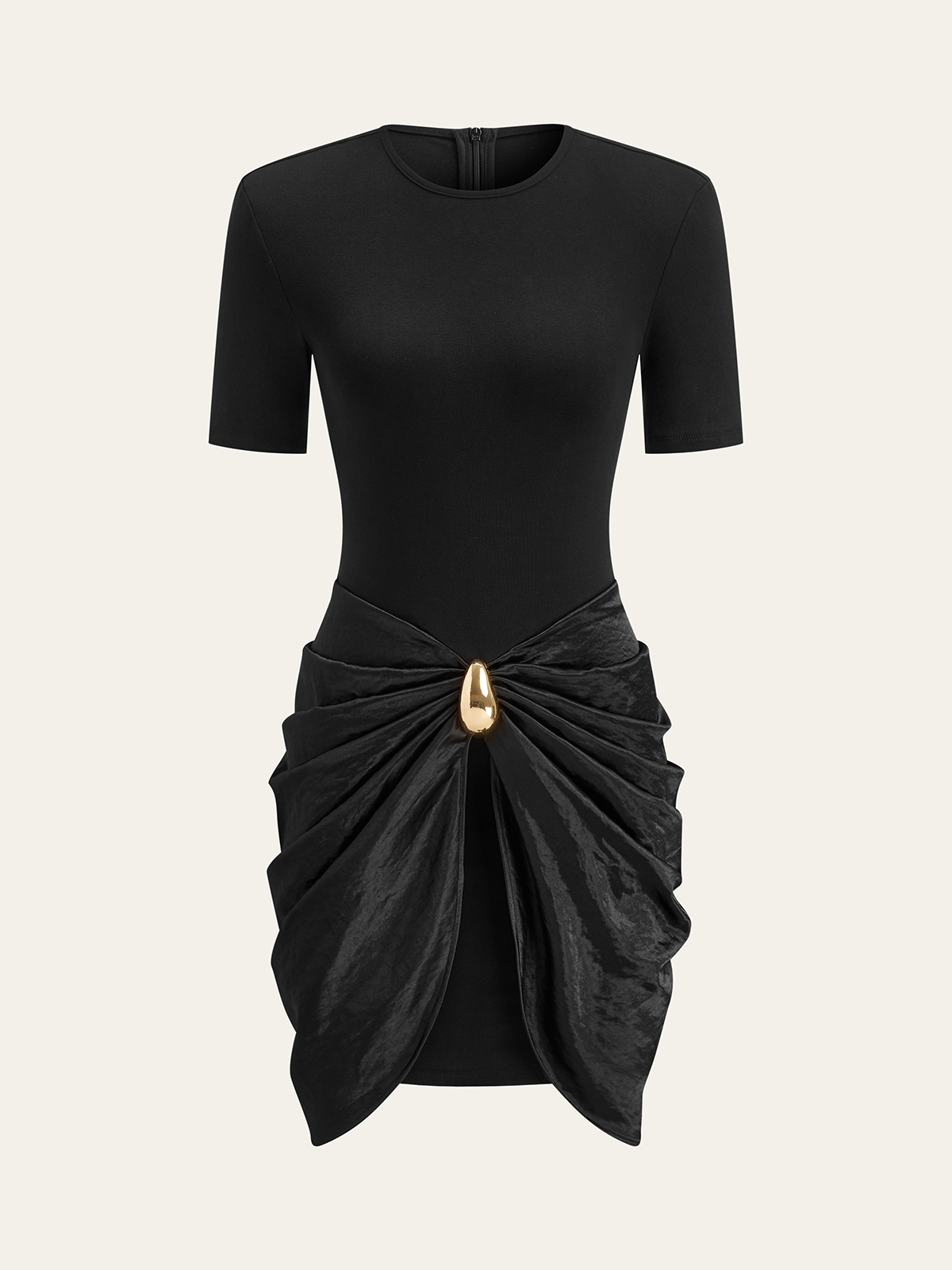 Short Sleeve Ruched Metal Buckle Dress-Massicos