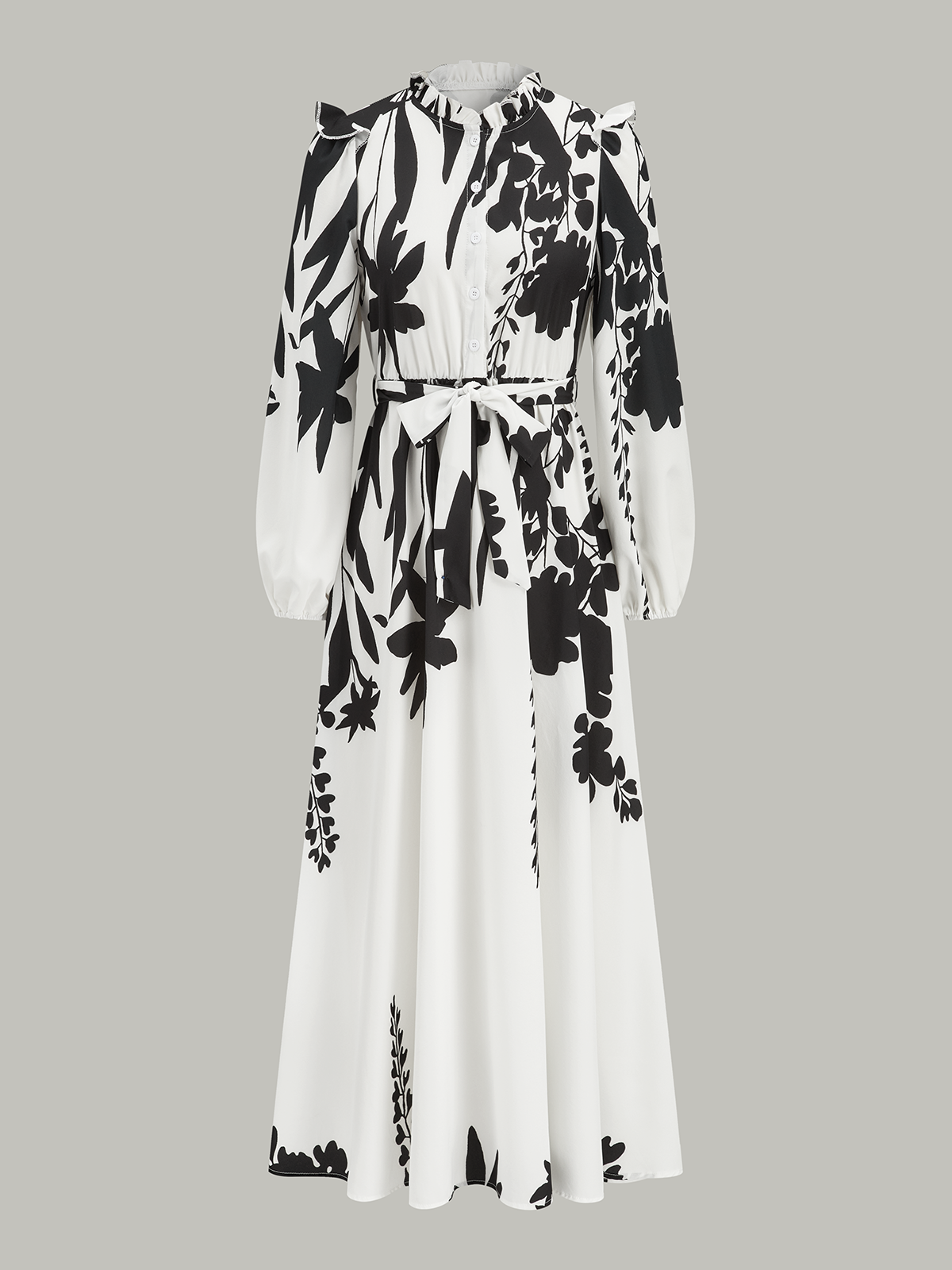 Ruffle Neck Belted Floral Print Maxi Dress-Massicos