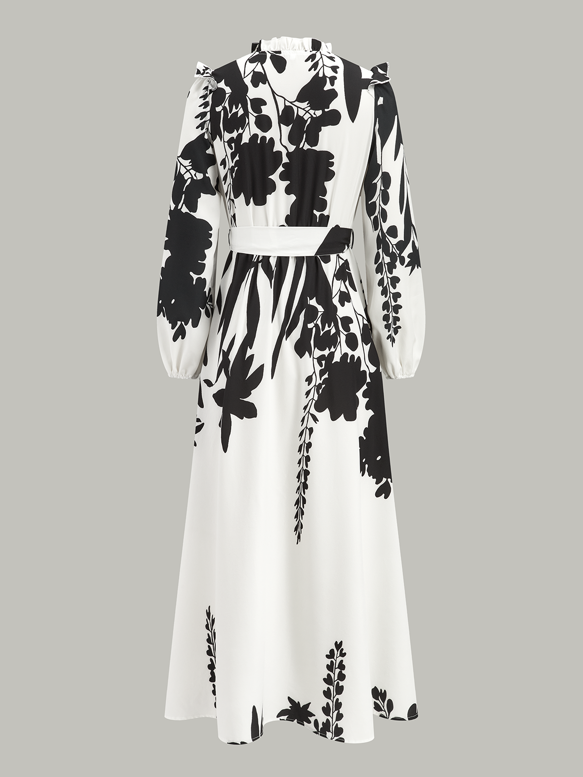 Ruffle Neck Belted Floral Print Maxi Dress-Massicos