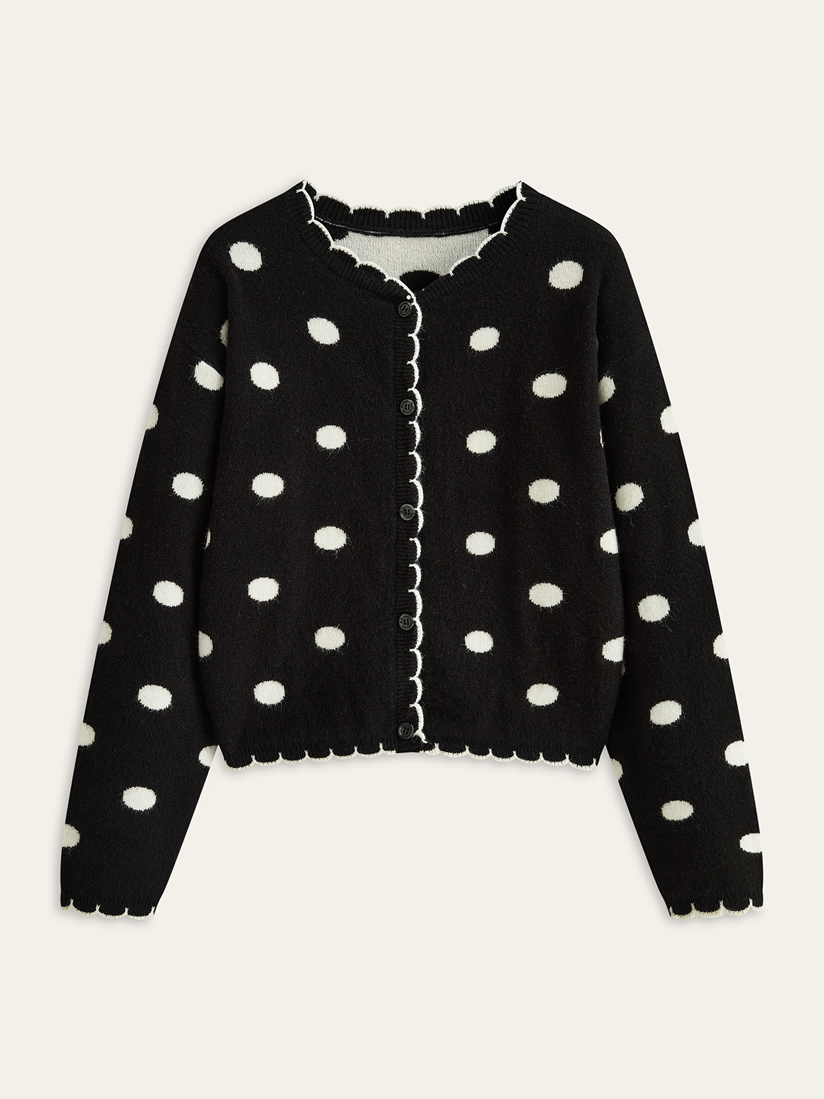 Scalloped Trim Polka Dot Knit Cardigan-Massicos