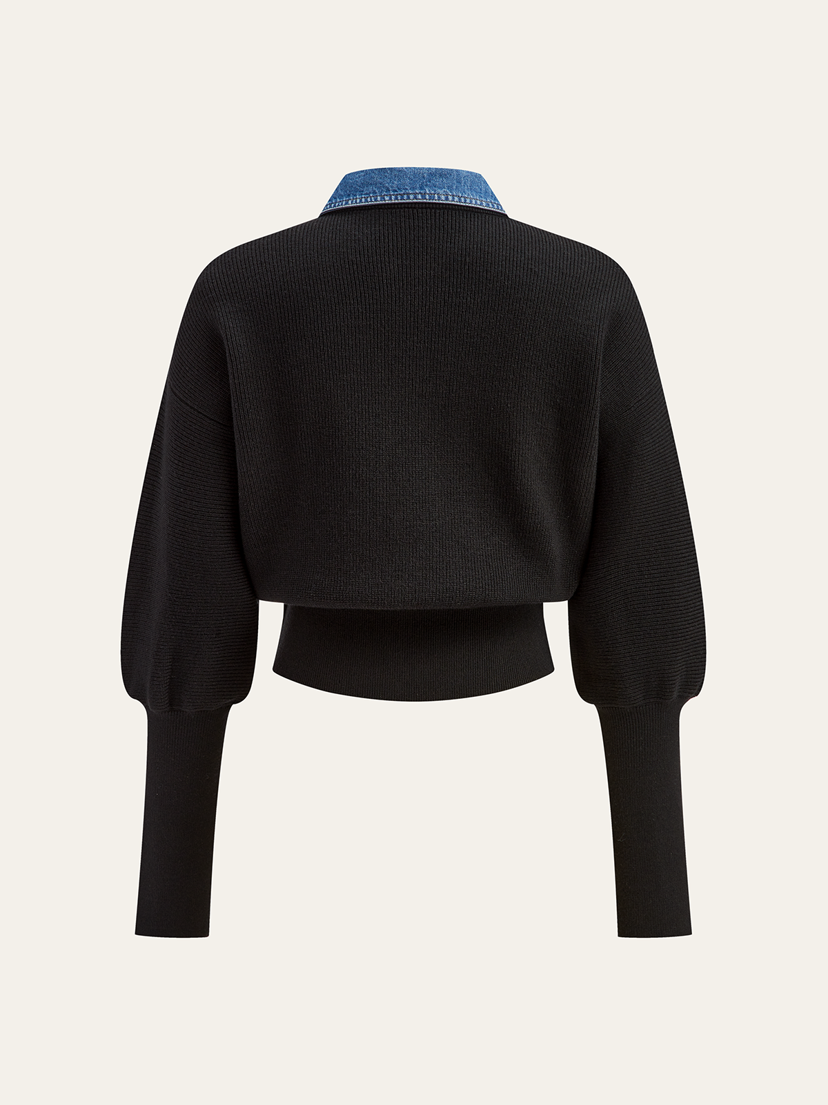 Wool Blend Denim Collar Puff Sleeve Cardigan-Massicos