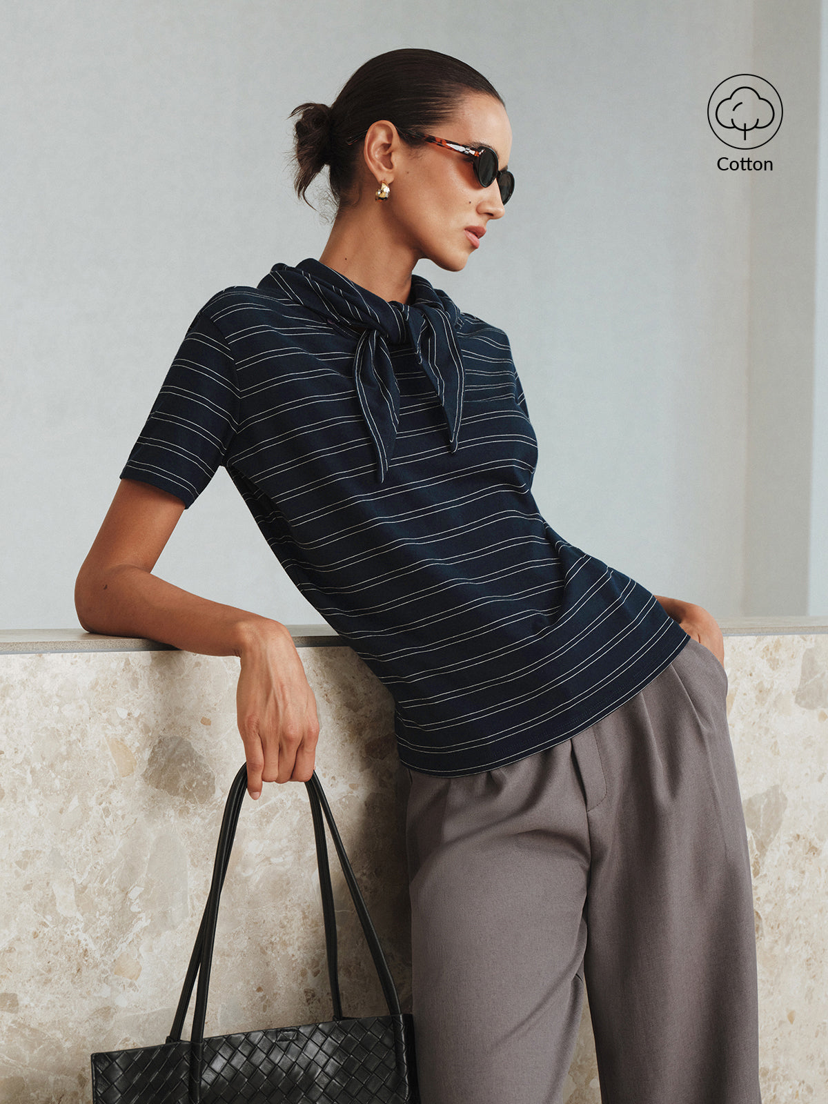 Striped Detachable Scarf Collar T-Shirt-Massicos