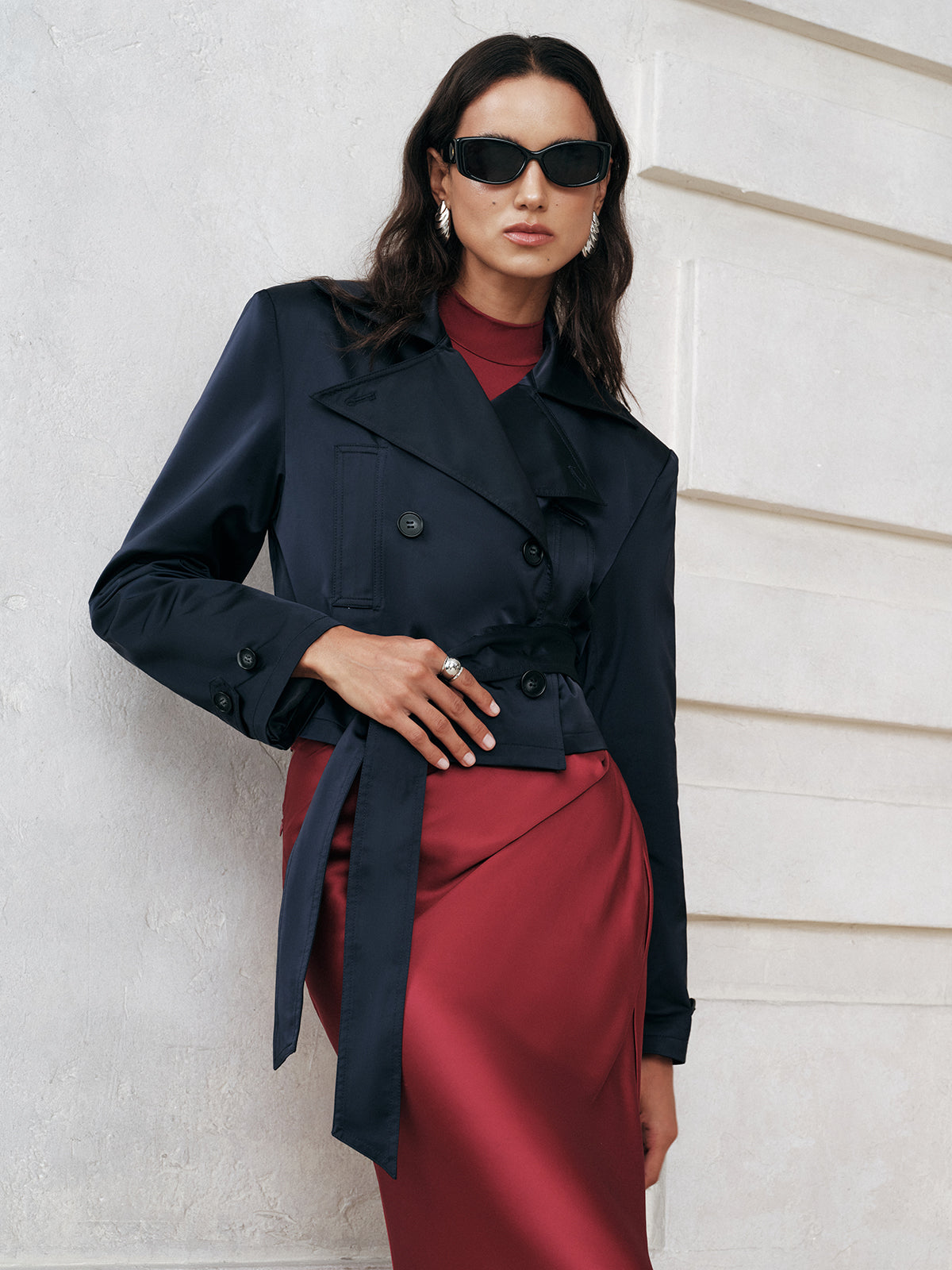 Belted Double-Breasted Cropped Trench Coat-Massicos
