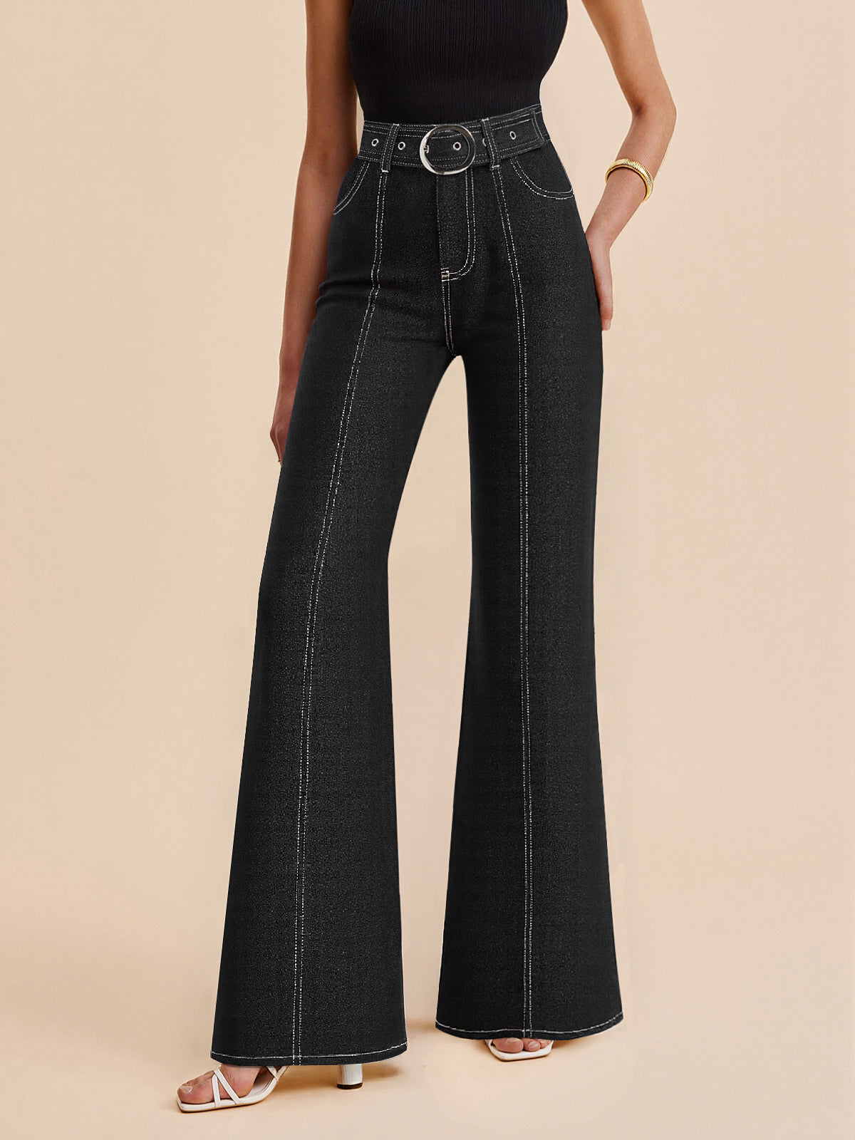 Denim Contrast-Stitch Pants with Belt-Massicos