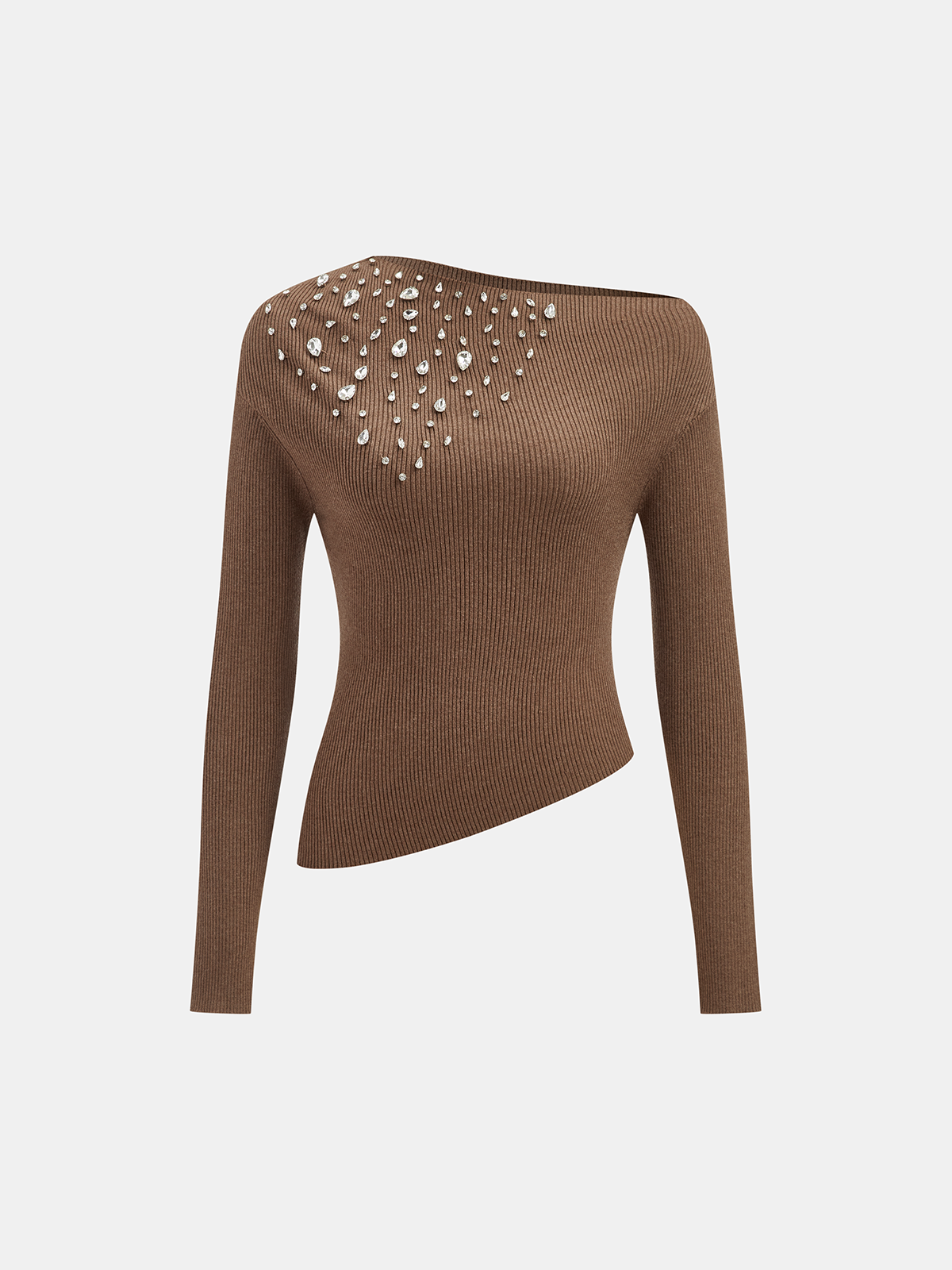 Off-Shoulder Rhinestone Ribbed Wool Blend Knit Top-Massicos