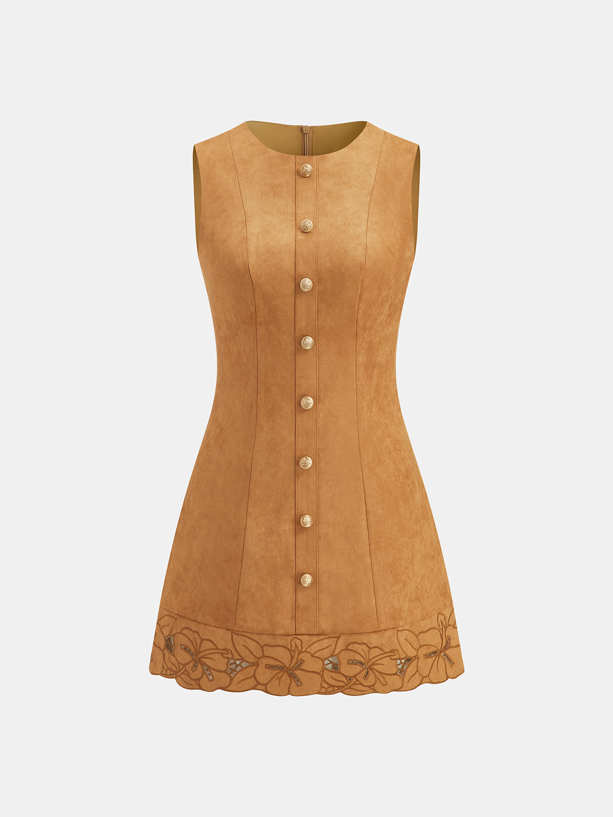 Suede Floral Embroidered Sleeveless Mini Dress-Massicos