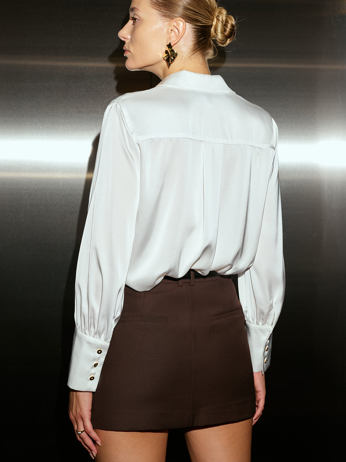 Wrinkle-resistant Long Sleeve Satin Metal Button Shirt-Massicos