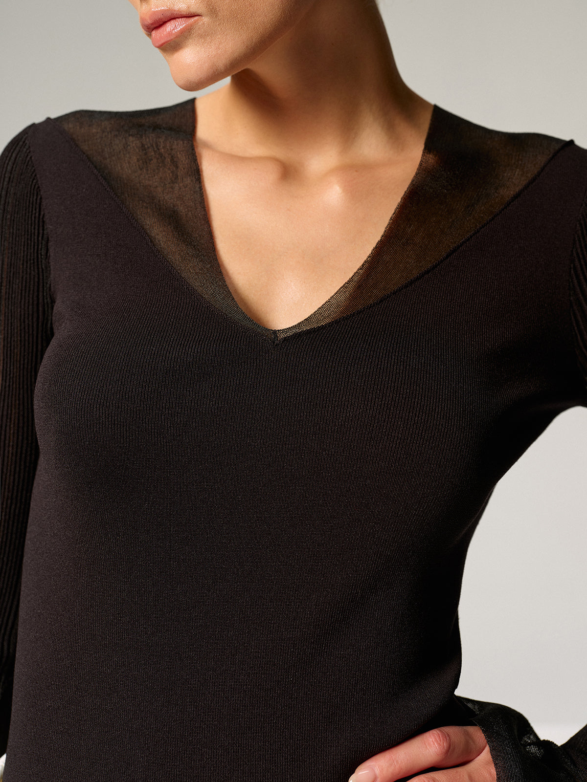 Sheer Paneled Bell Sleeve Knit Top-Massicos