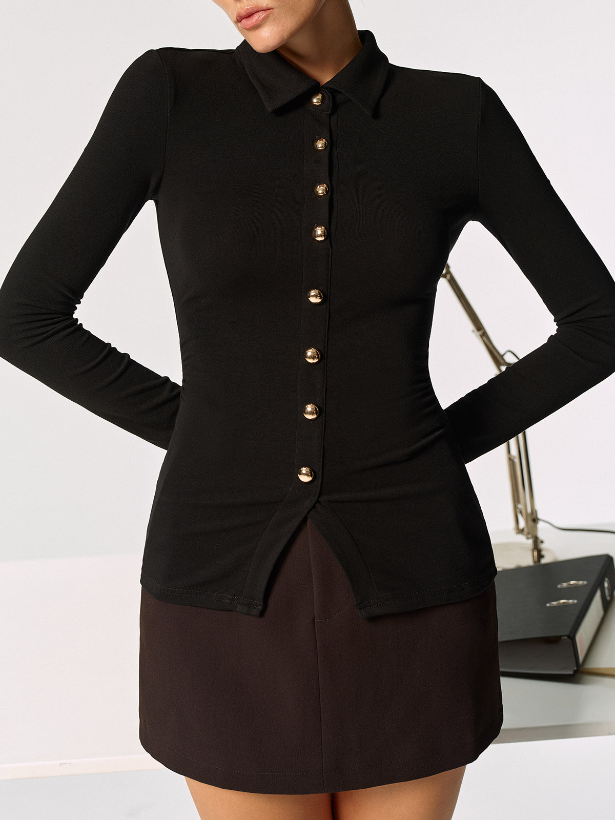 Metal Button Long Sleeve Poro Collar Blouse-Massicos