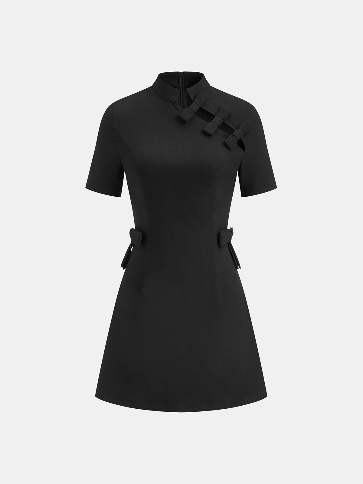 Bow Cut-Out Stand Collar Short Sleeve Dress-Massicos