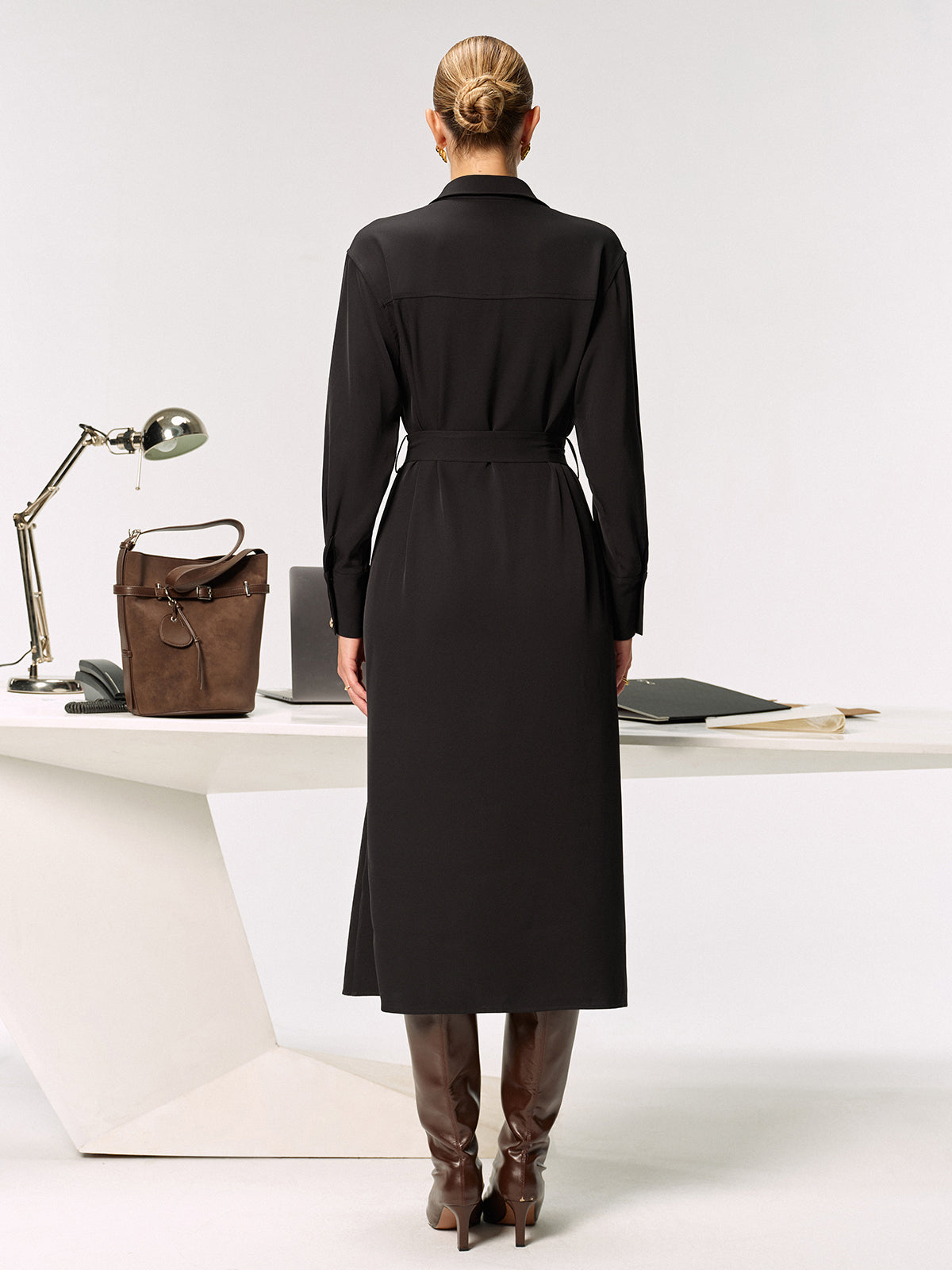Metal Button-Front Belted Shirt Dress-Massicos