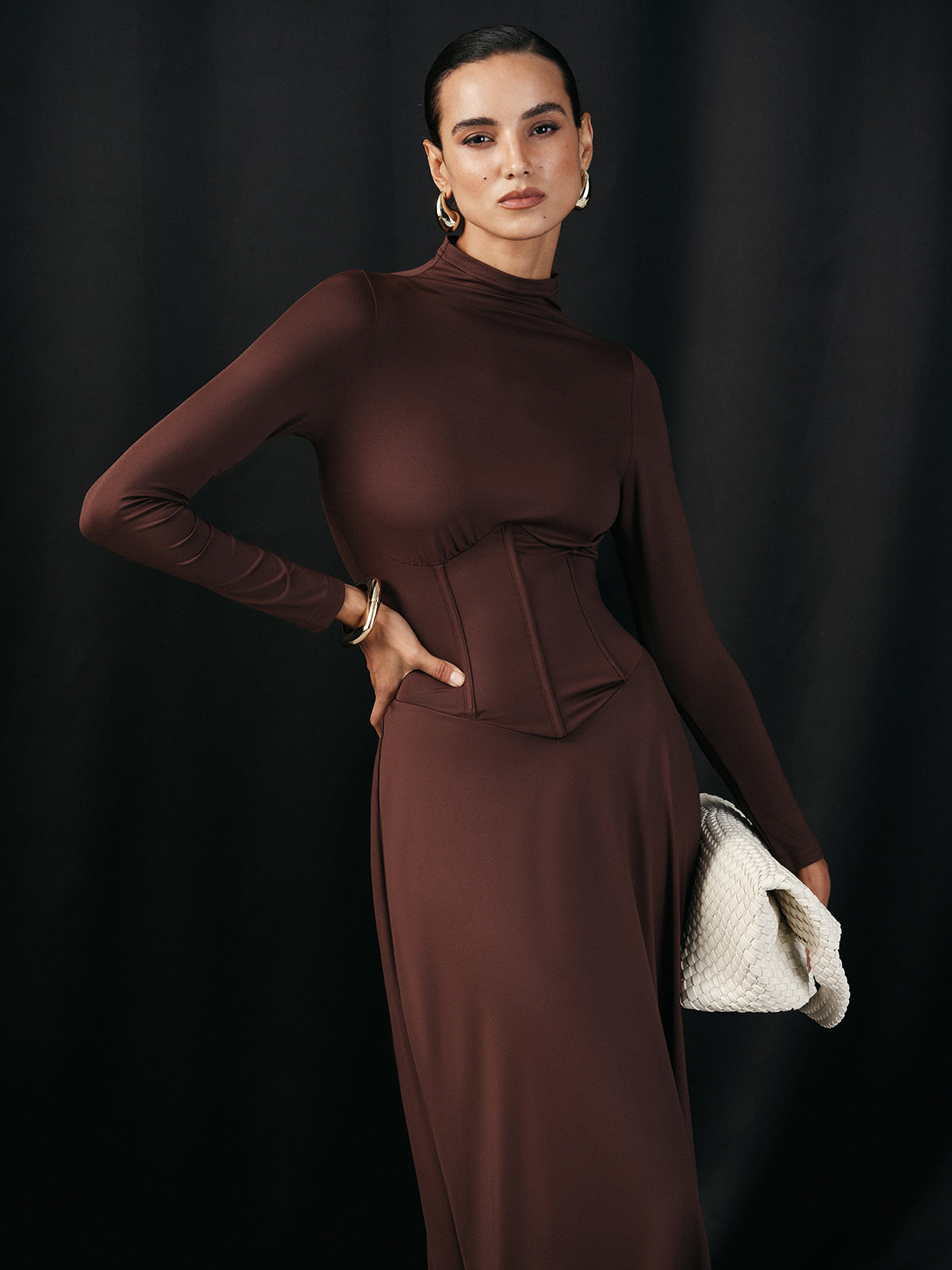 Mock Neck Corset Waist Long Sleeve Maxi Dress-Massicos