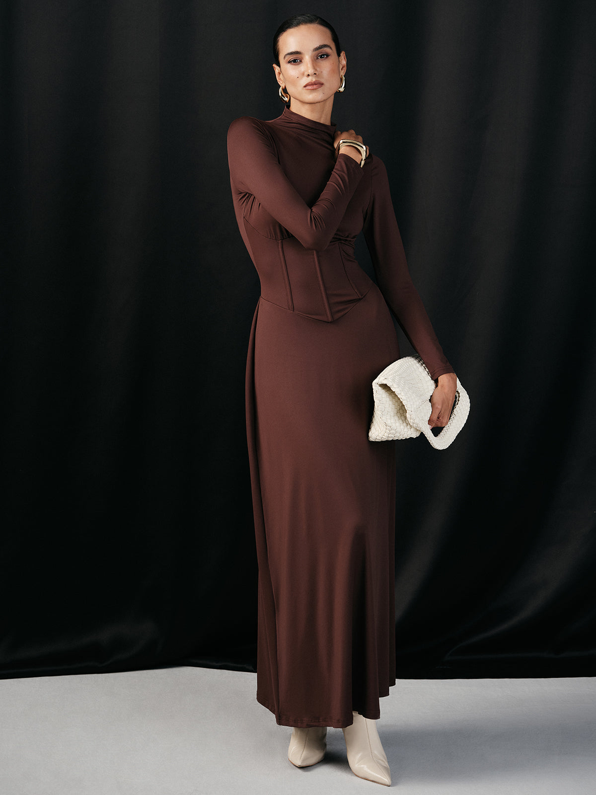 Mock Neck Corset Waist Long Sleeve Maxi Dress-Massicos