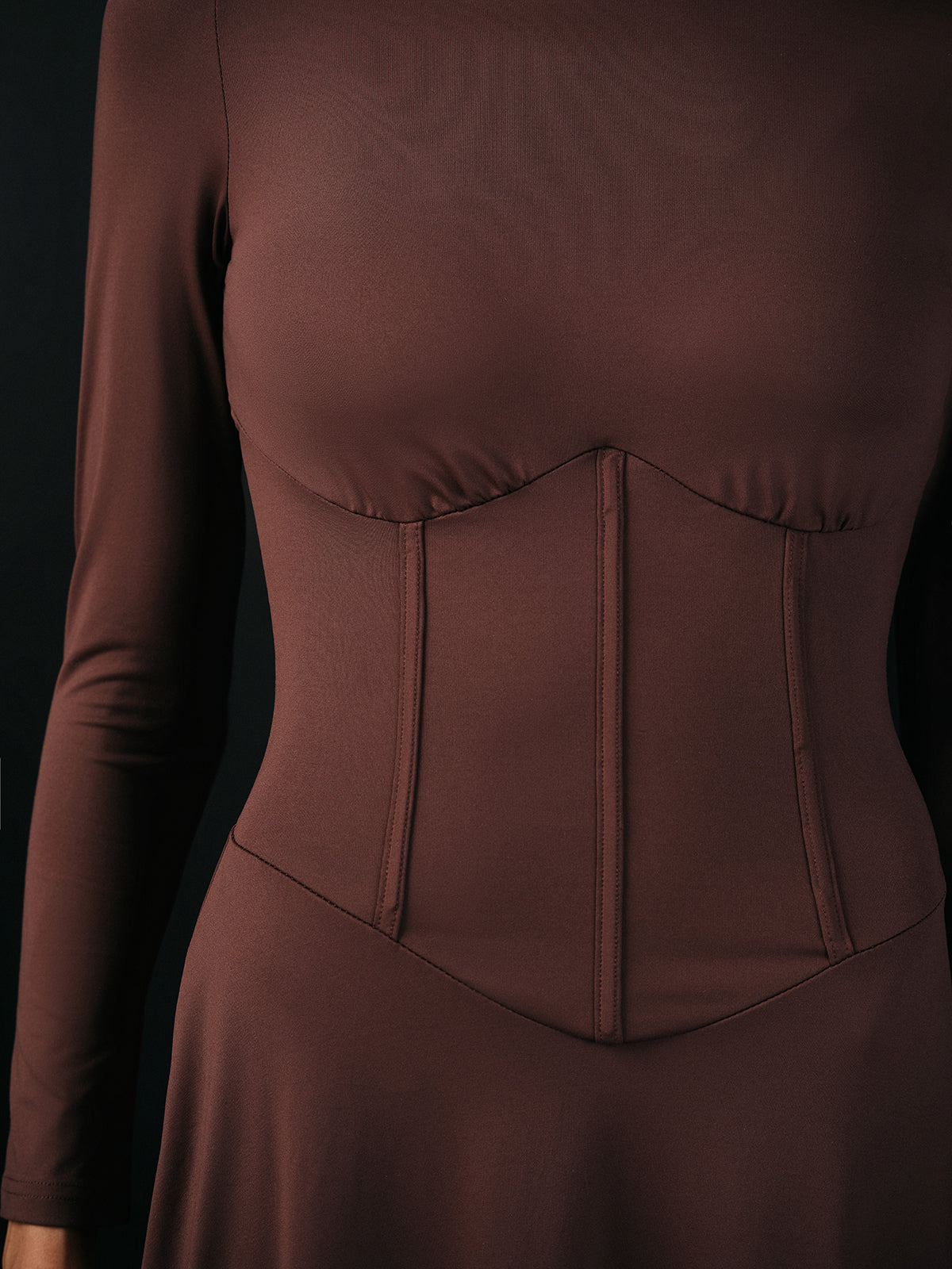 Mock Neck Corset Waist Long Sleeve Maxi Dress-Massicos