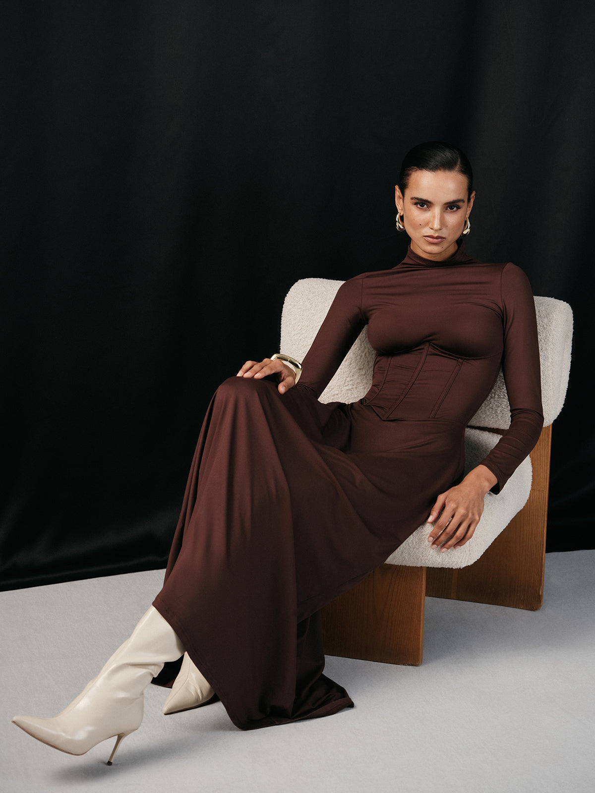 Mock Neck Corset Waist Long Sleeve Maxi Dress-Massicos