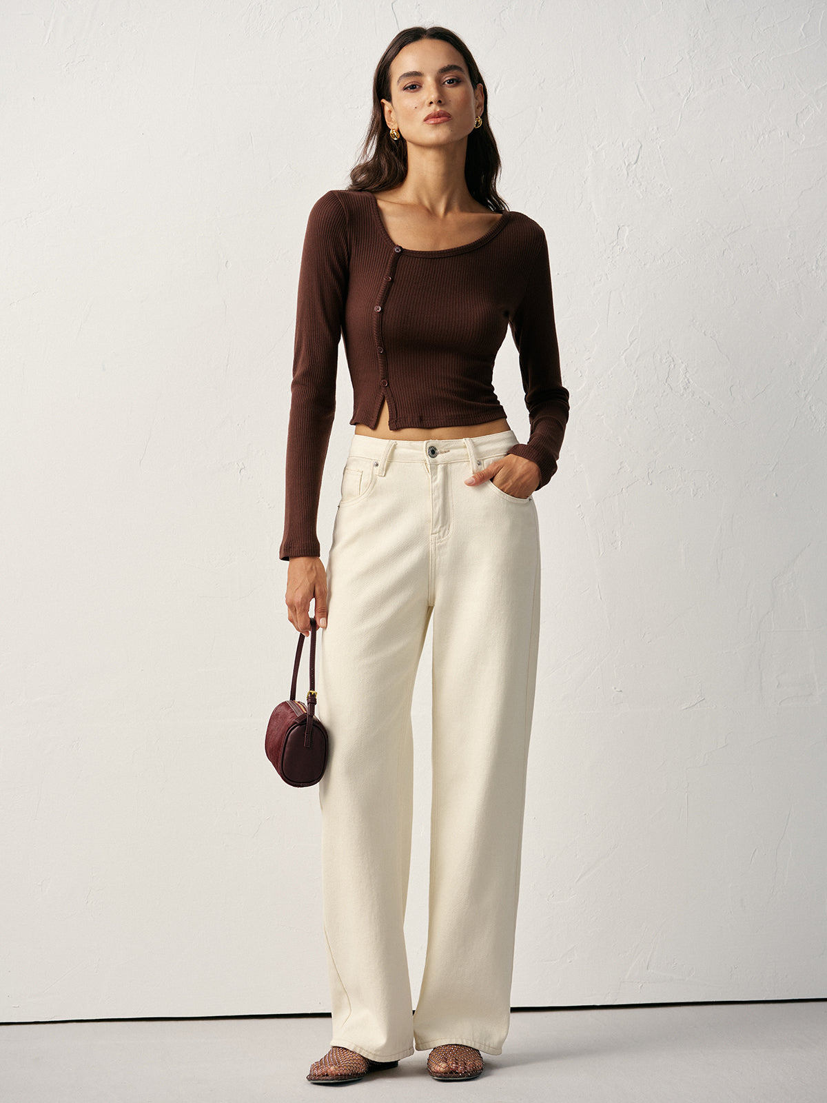 Asymmetric Button Detail Ribbed T-Shirt-Massicos